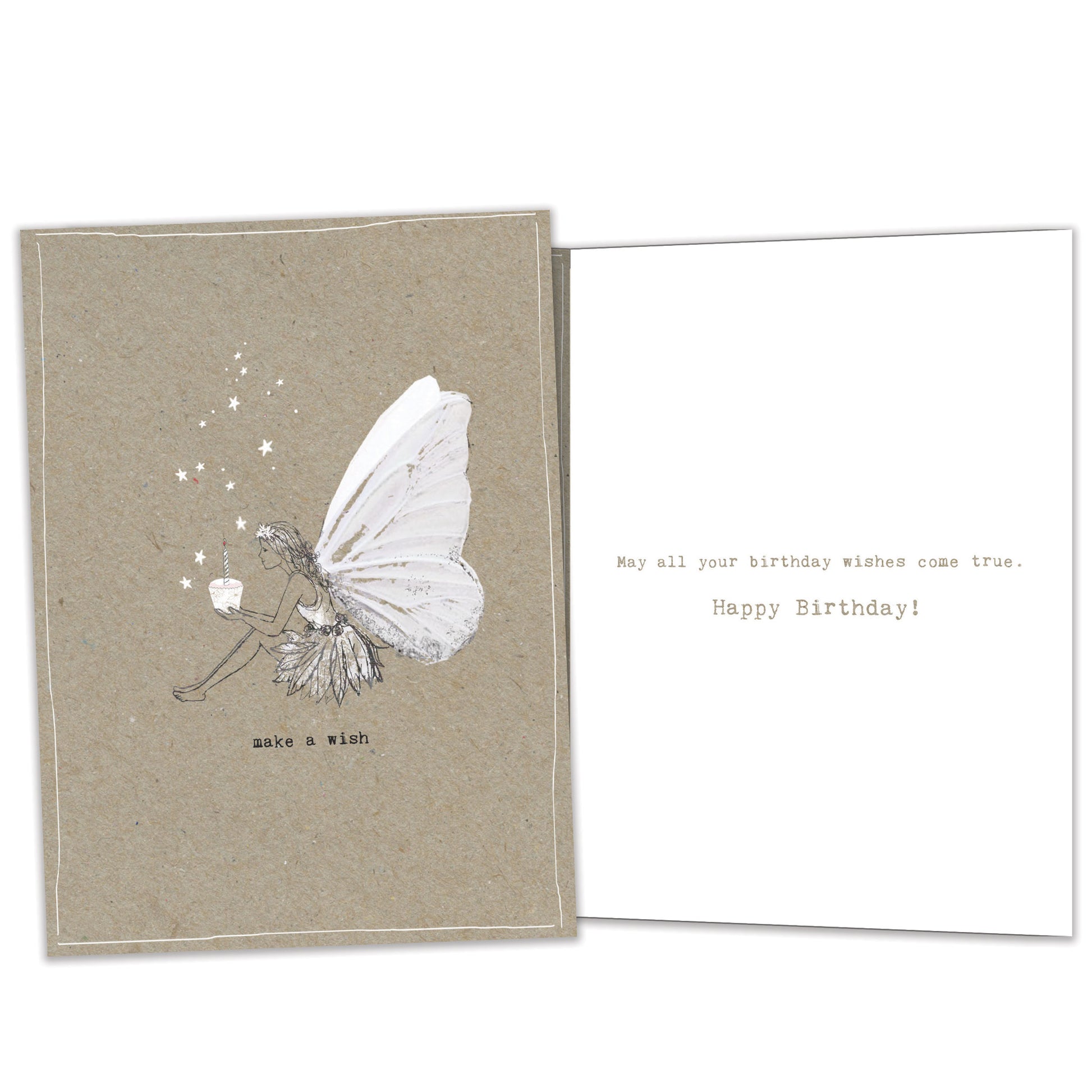 Front and inside view of a Birthday greeting card featuring a dainty fairy holding a cupcake and the message "make a wish," with matching details inside.