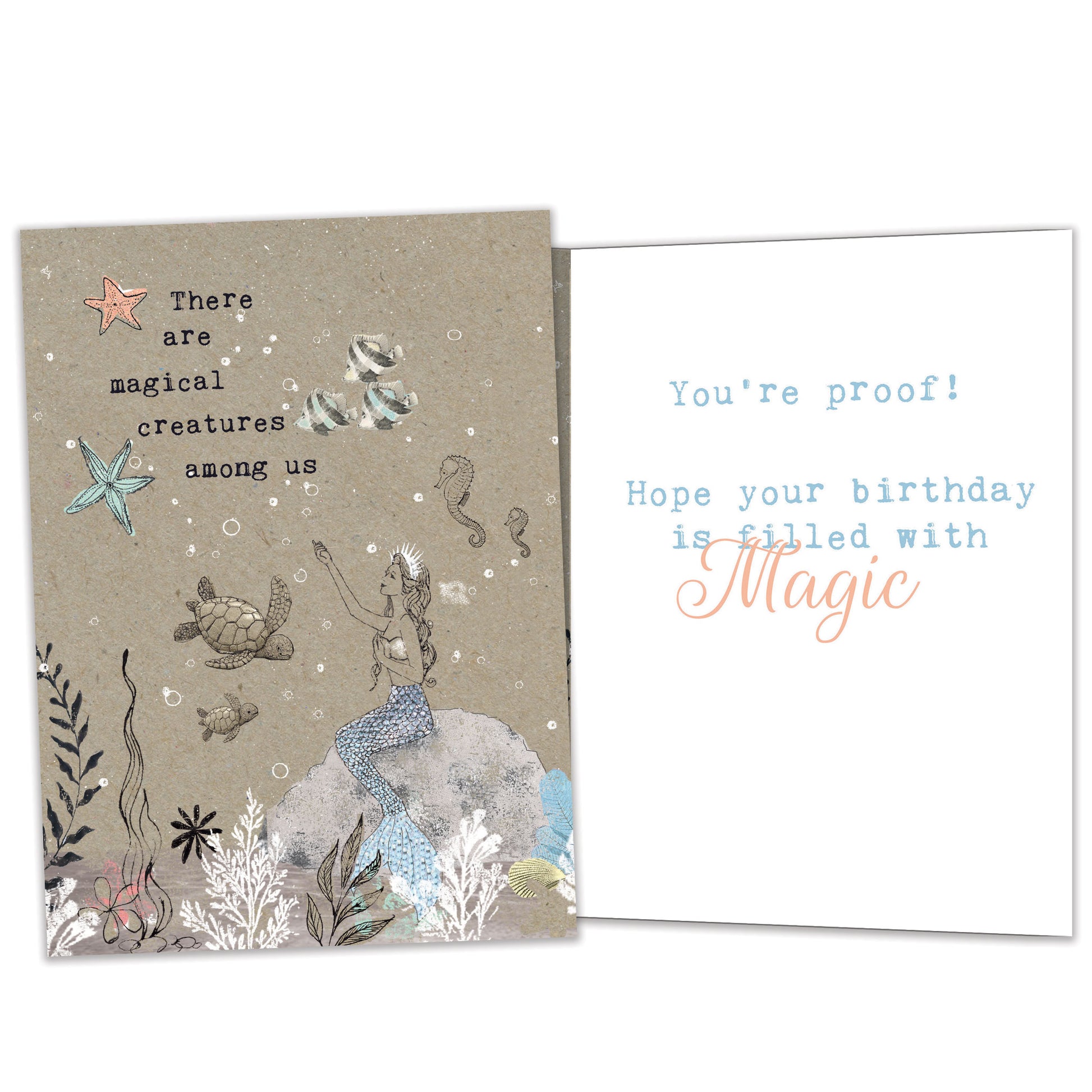 Front and inside view of a Birthday greeting card featuring a mermaid, sea creatures in an underwater setting, with matching details inside.