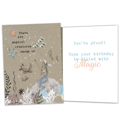 Front and inside view of a Birthday greeting card featuring a mermaid, sea creatures in an underwater setting, with matching details inside.
