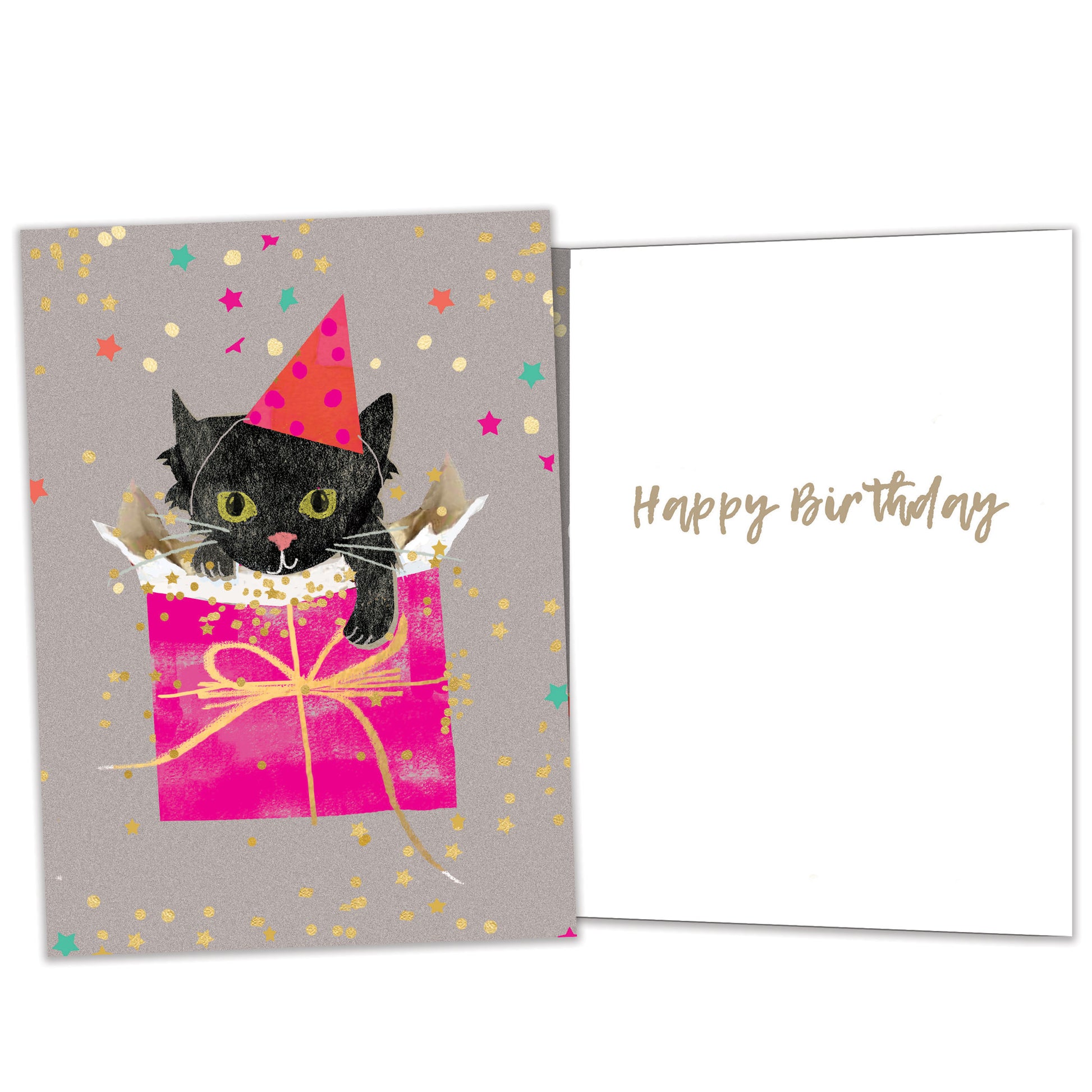 Front and inside view of a Birthday greeting card featuring a kitten in a gift bag with a birthday hat, with matching details on the inside.