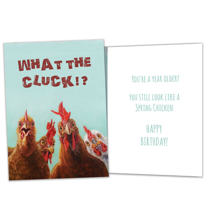 Front and inside view of a Birthday greeting card featuring roosters and the message "What the cluck!?", with matching details on the inside.