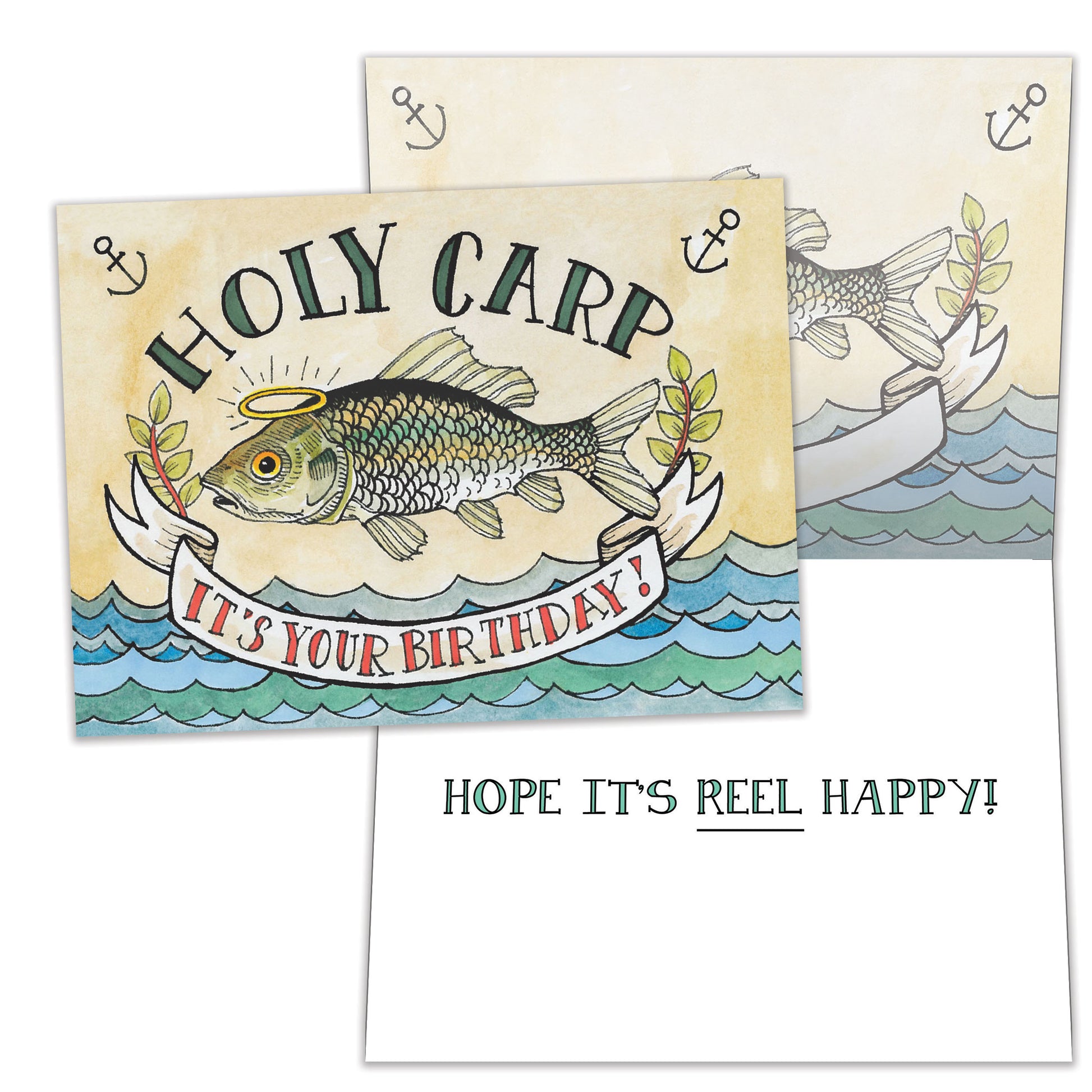 Front and inside view of a Birthday greeting card featuring a fish and the message "Holy carp. It's your birthday", with matching details inside.