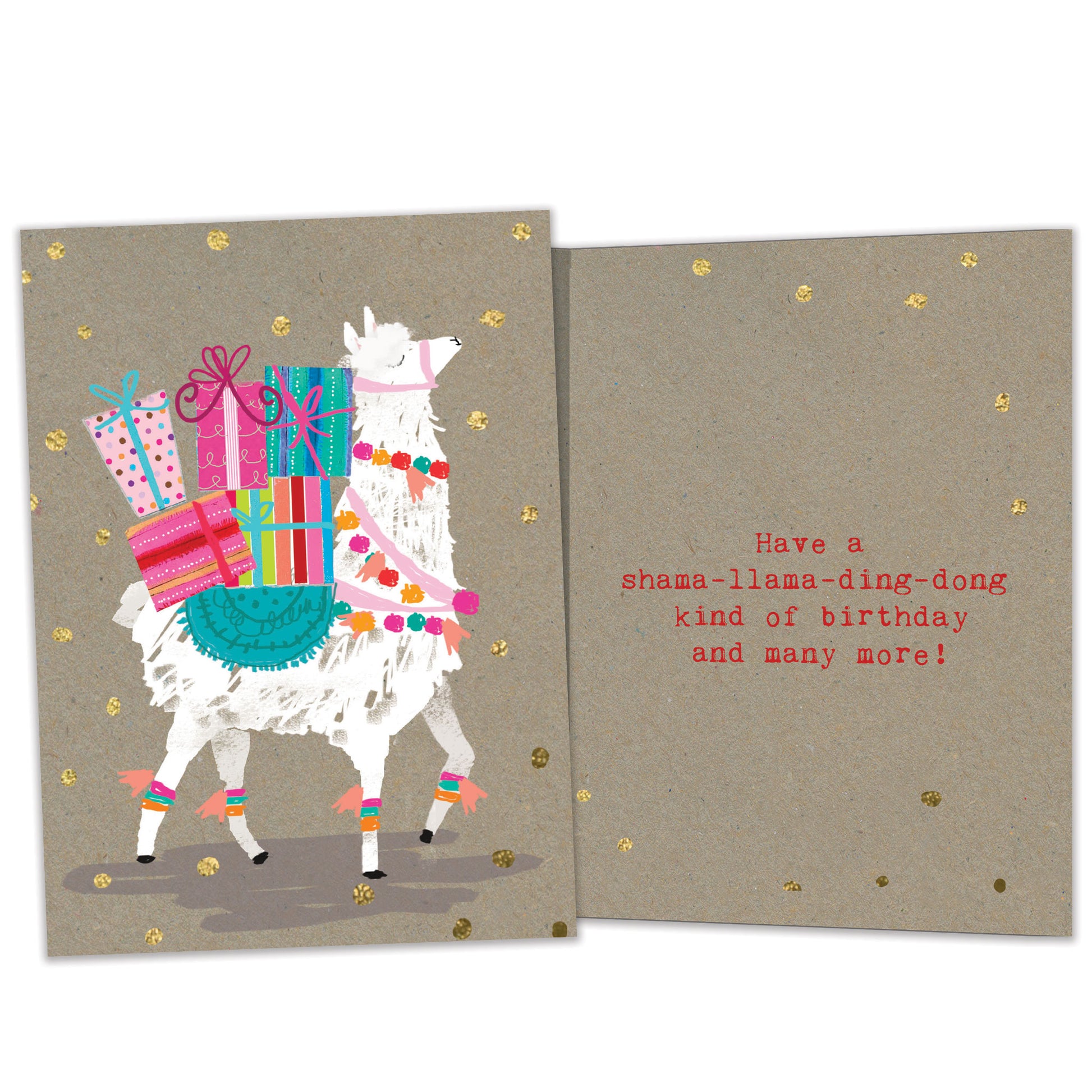 Front and inside view of a Birthday greeting card featuring a llama with birthday presents on its back, with matching design details inside.