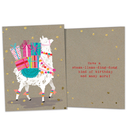 Front and inside view of a Birthday greeting card featuring a llama with birthday presents on its back, with matching design details inside.