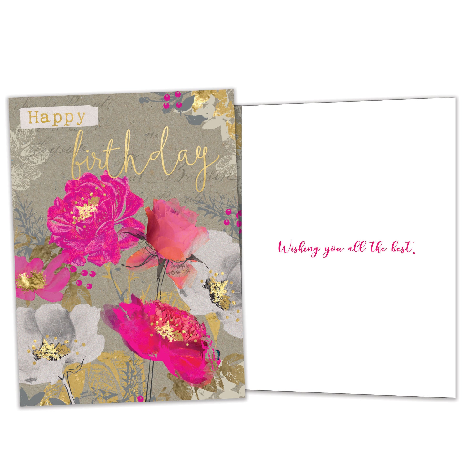 Front and inside view of a Birthday greeting card featuring a floral design and the message "Happy Birthday," with matching design details inside.