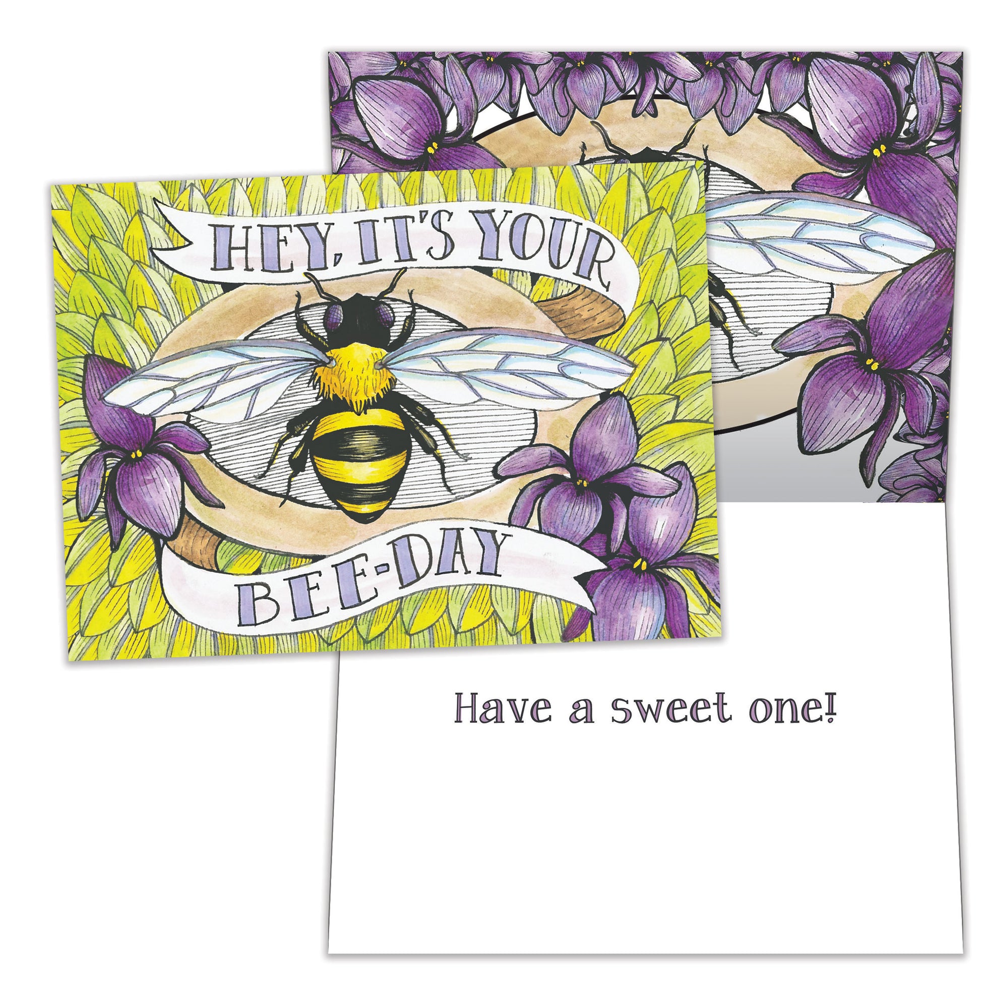 Front and inside view of a Birthday greeting card featuring the message "Hey, it's your bee-day" with a bee and flowers, with matching design details inside.