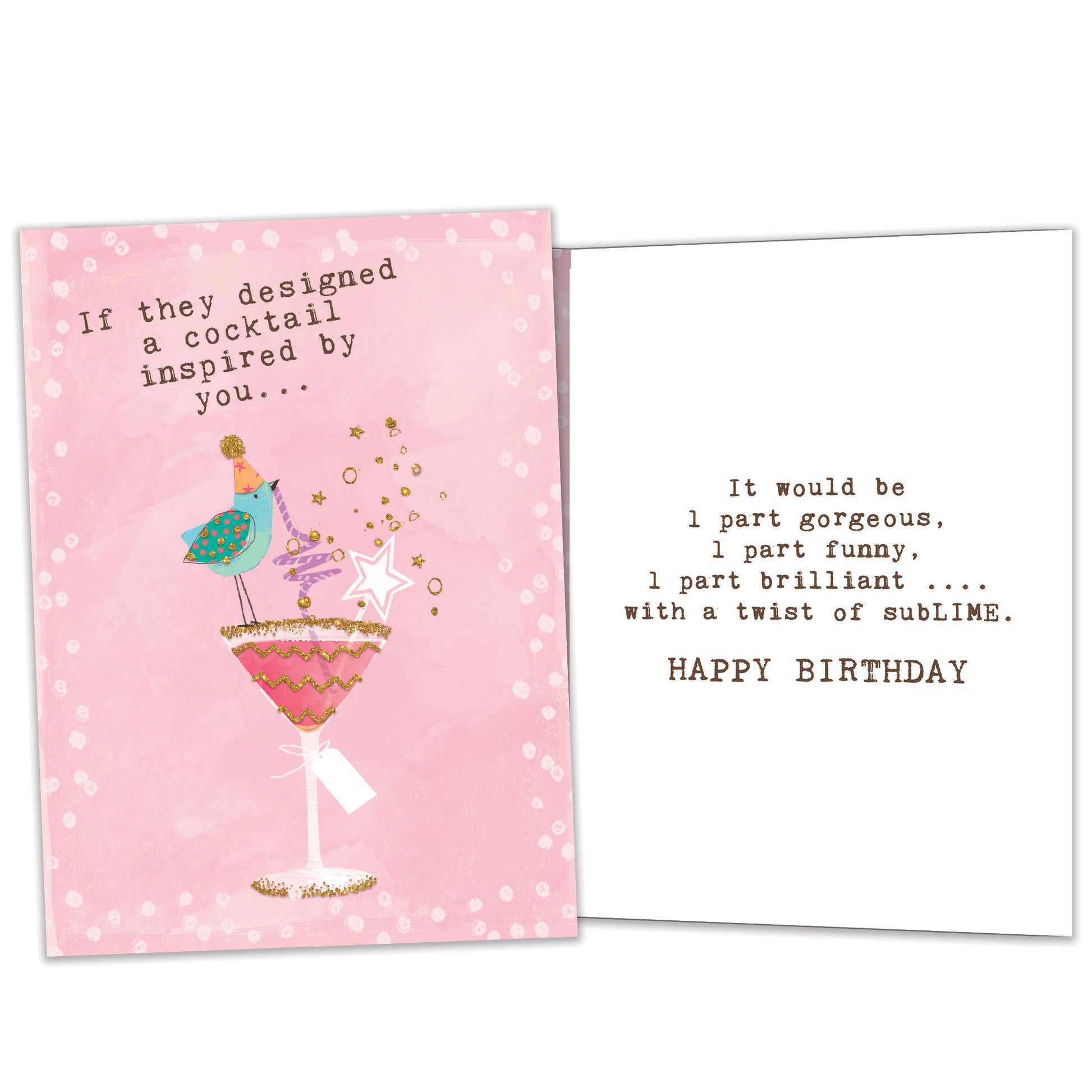 Front and inside view of a Birthday greeting card featuring a bird sipping on a cocktail with a pink background, with matching design details inside.