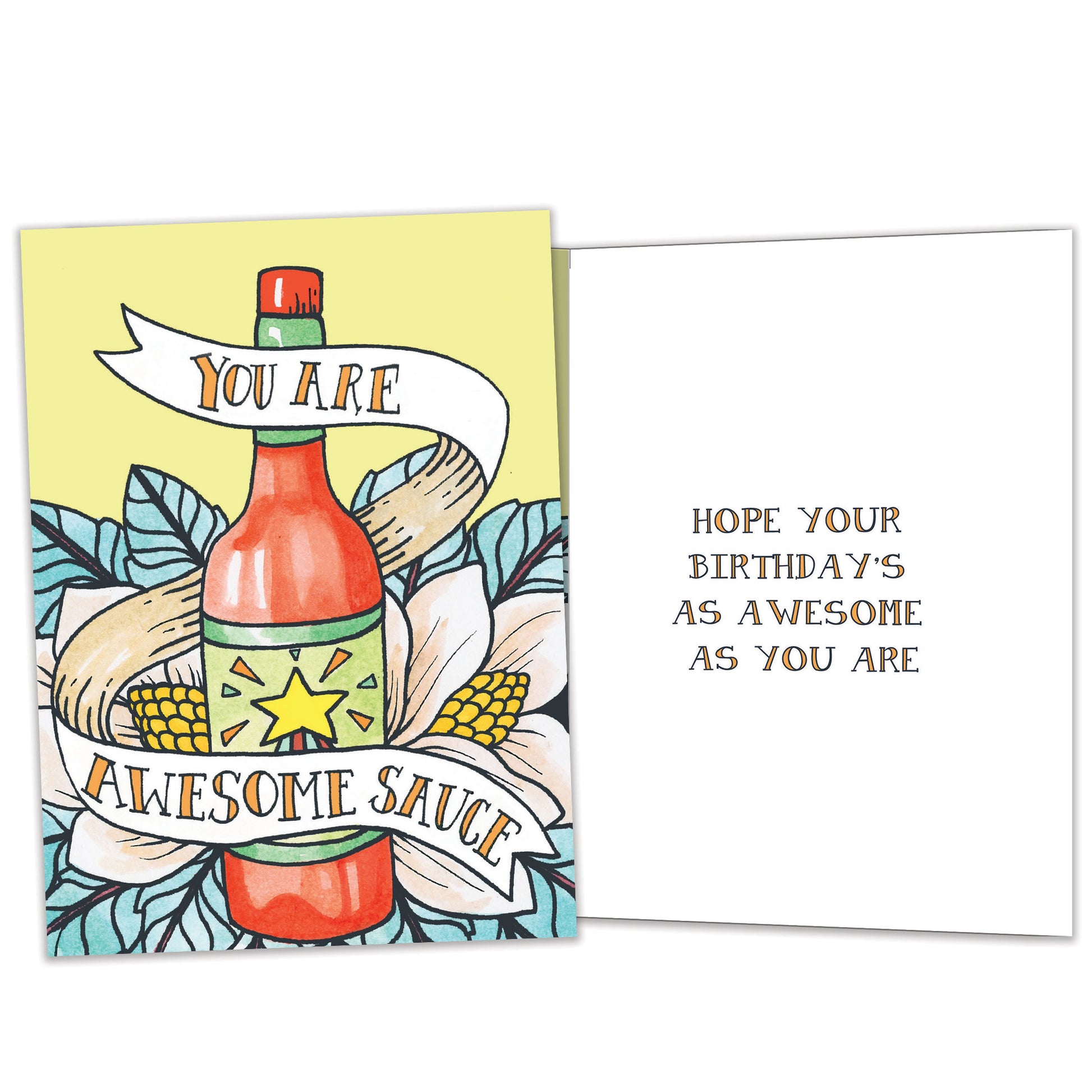Front and inside view of a Birthday greeting card featuring a bottle of sauce with the message "You are awesome sauce," with matching design details inside