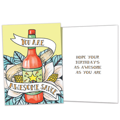 Front and inside view of a Birthday greeting card featuring a bottle of sauce with the message "You are awesome sauce," with matching design details inside