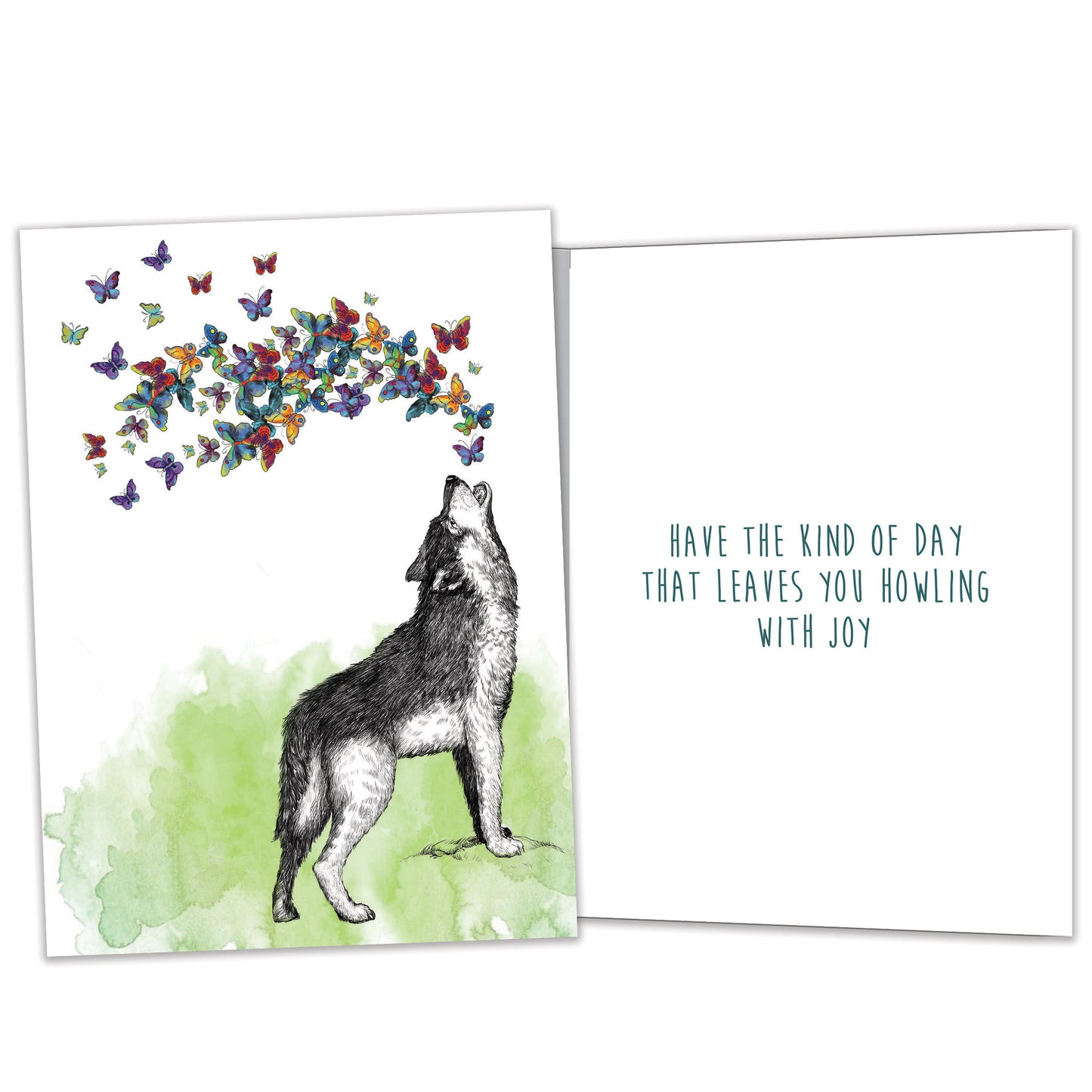 Front and inside view of a Birthday greeting card featuring a wolf howling butterflies, with matching design details inside.