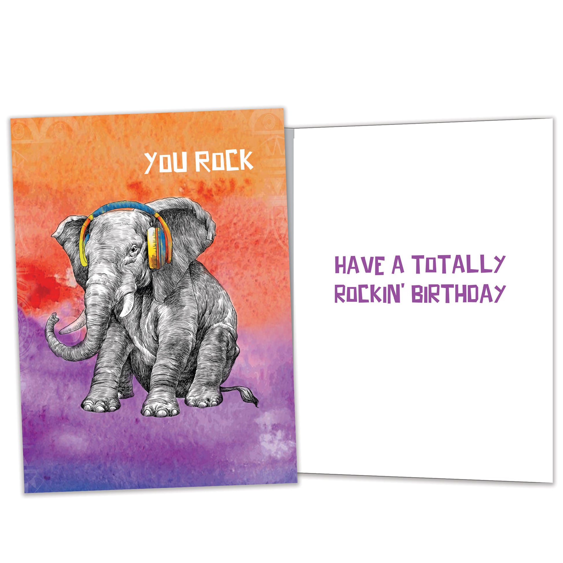 Front and inside view of a Birthday greeting card featuring an elephant with headphones, with matching details on the inside.