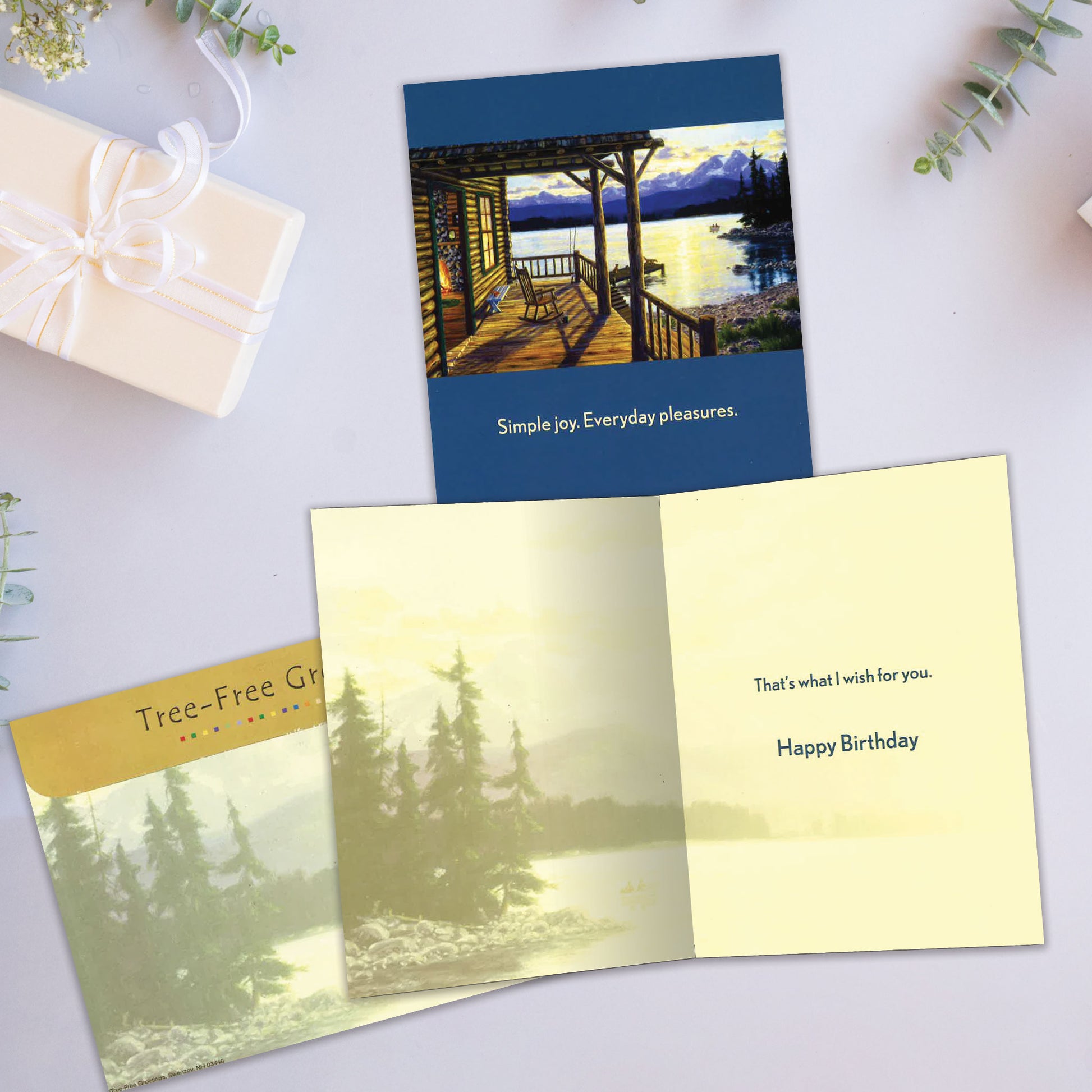 Front and inside view of a Birthday greeting card showcasing a porch with a peaceful lake and mountain scene, with a matching envelope.
