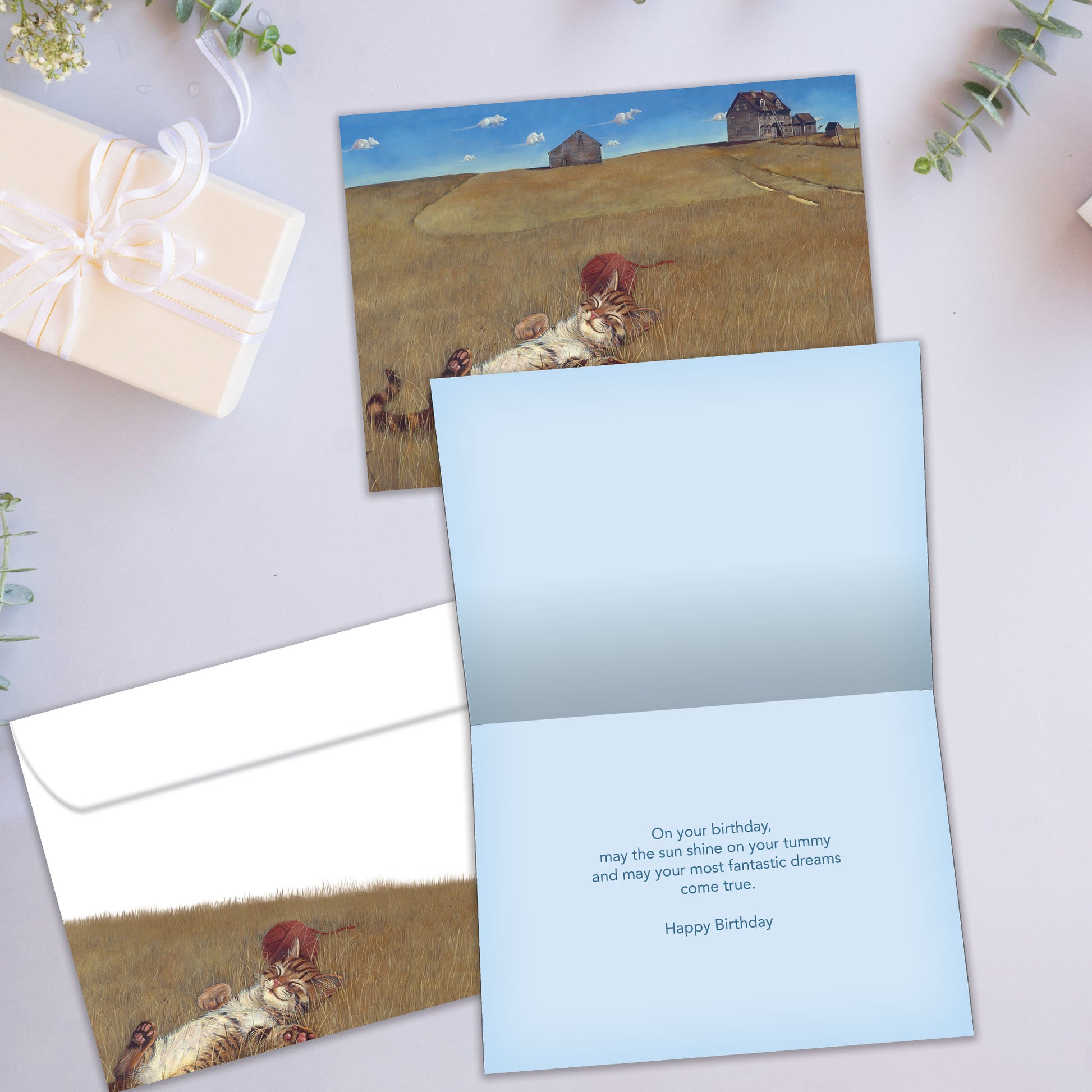 Front and inside view of a Birthday greeting card showcasing a cat sleeping peacefully in a farm field, with a matching envelope.