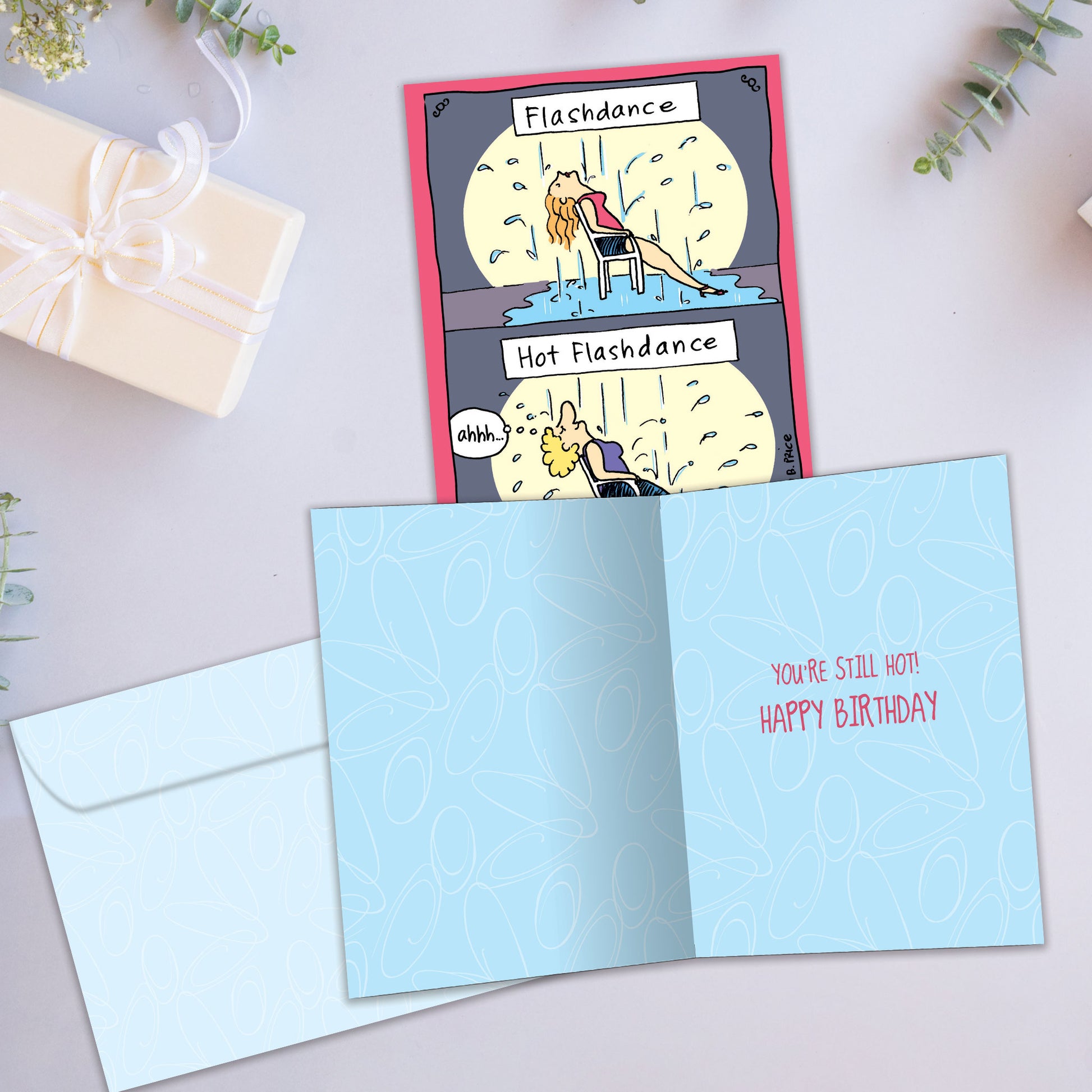 Front and inside view of a Birthday greeting card showcasing a cartoon illustration of a woman having a hot flash under the rain, with a matching envelope.