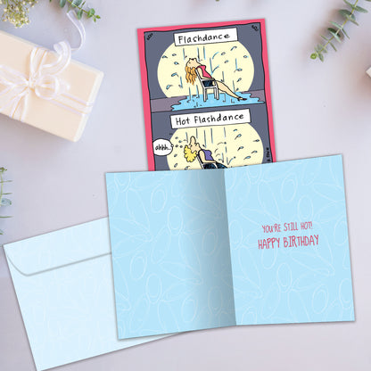 Front and inside view of a Birthday greeting card showcasing a cartoon illustration of a woman having a hot flash under the rain, with a matching envelope.