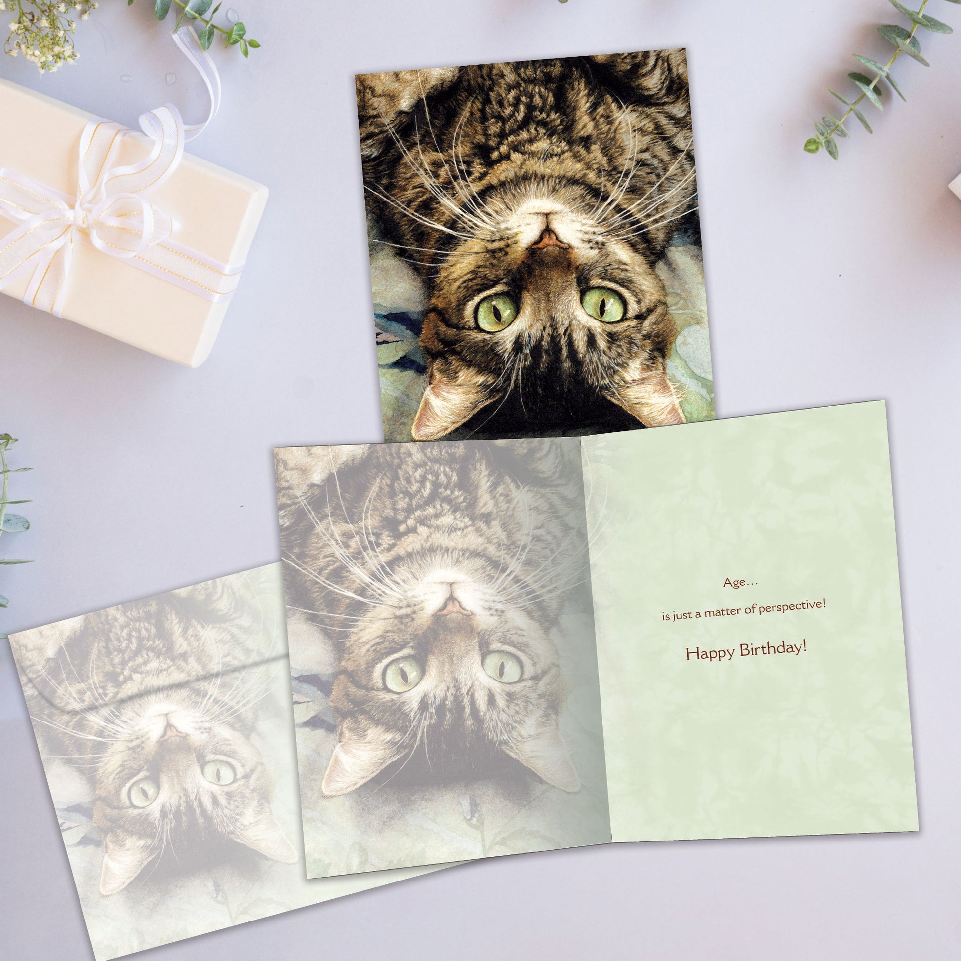 Front and inside view of a Birthday greeting card showcasing an image of a cat's face upside down, with a matching envelope.