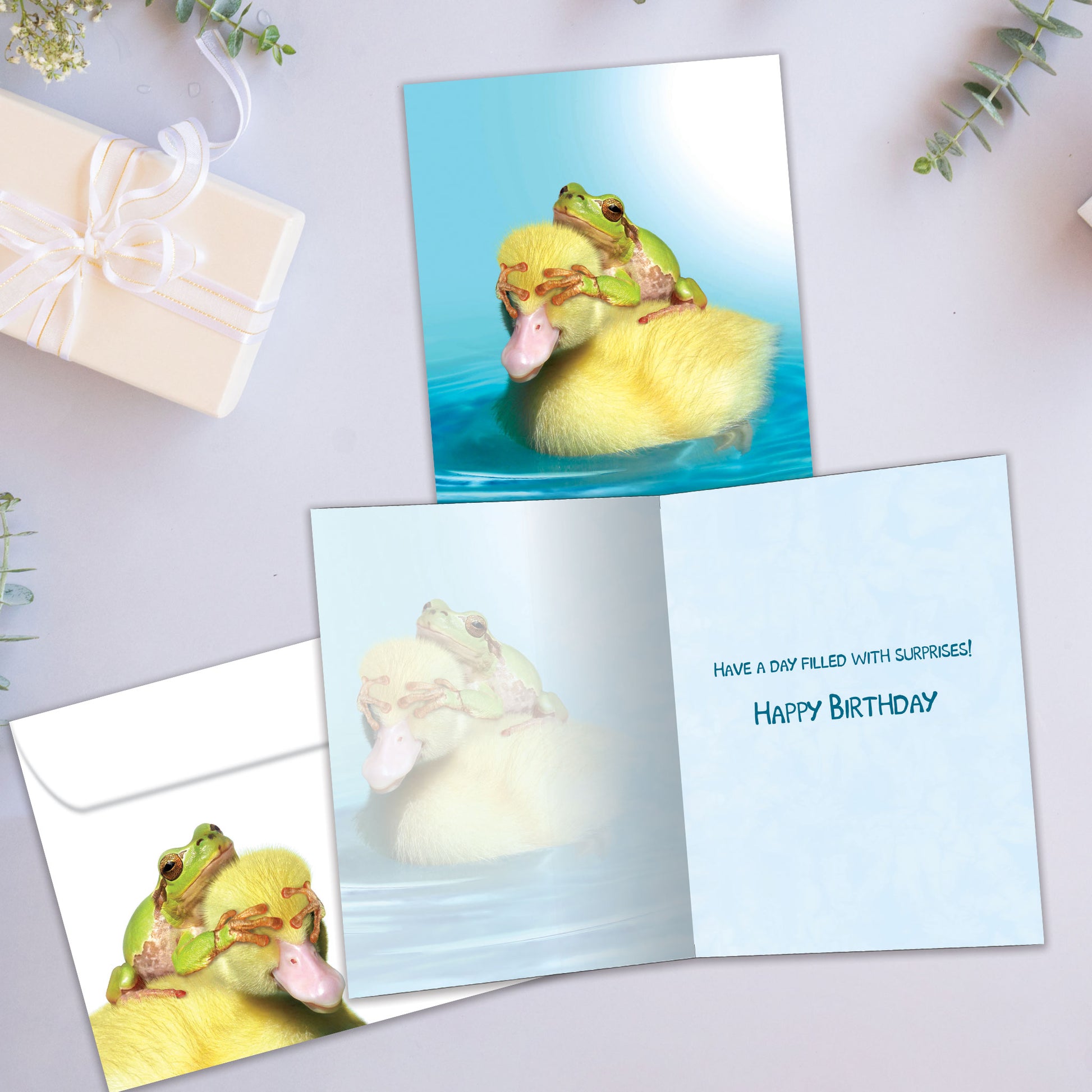 Front and inside view of a Birthday greeting card showcasing a duck with a frog on its back covering its eyes, with a matching envelope.