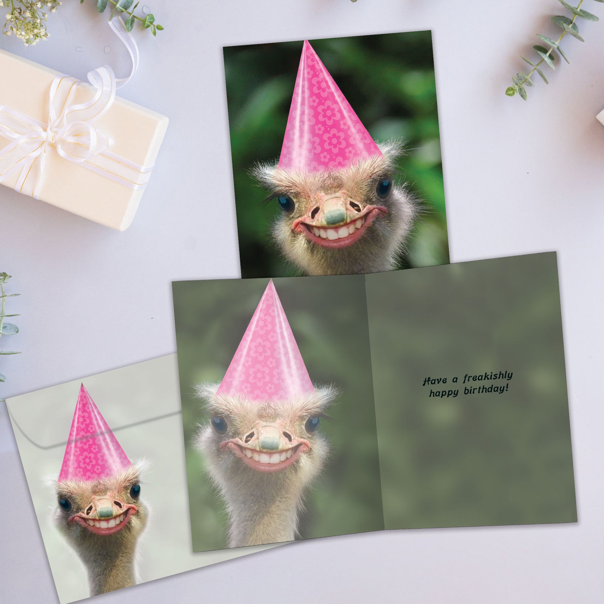 Front and inside view of a Birthday greeting card showcasing a humorous ostrich in a birthday hat, with a matching envelope.