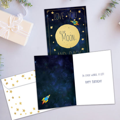 Front and inside view of a Birthday greeting card showcasing the message "Love you to the moon and back," with a matching envelope.