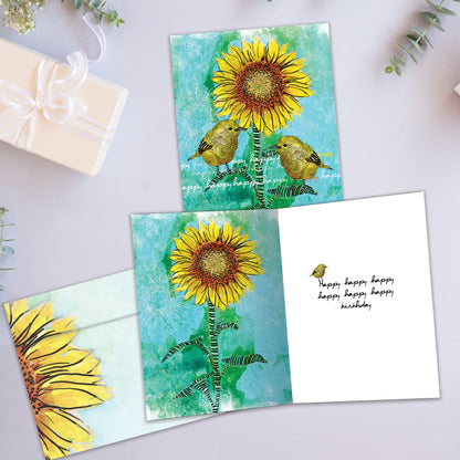 Front and inside view of a Birthday greeting card showcasing two birds on a sunflower, with a matching envelope.