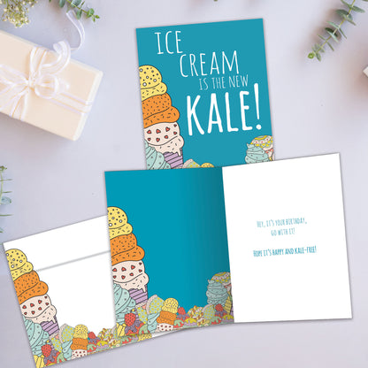 Front and inside view of a Birthday greeting card showcasing the message "Ice cream is the new kale!", with a matching envelope.