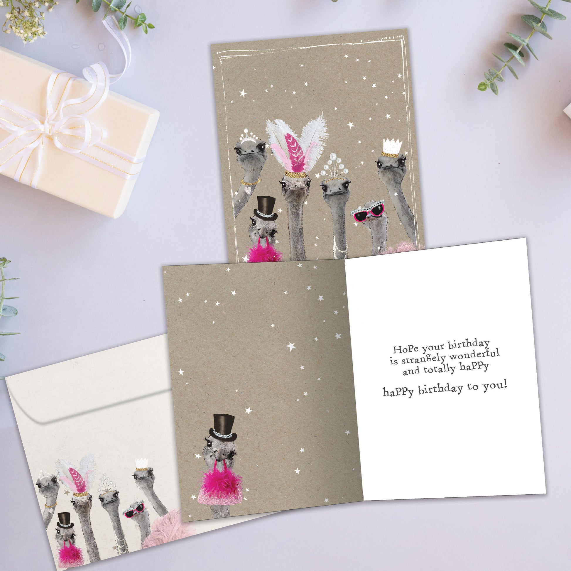 Front and inside view of a Birthday greeting card showcasing dressed-up ostriches, with a matching envelope.