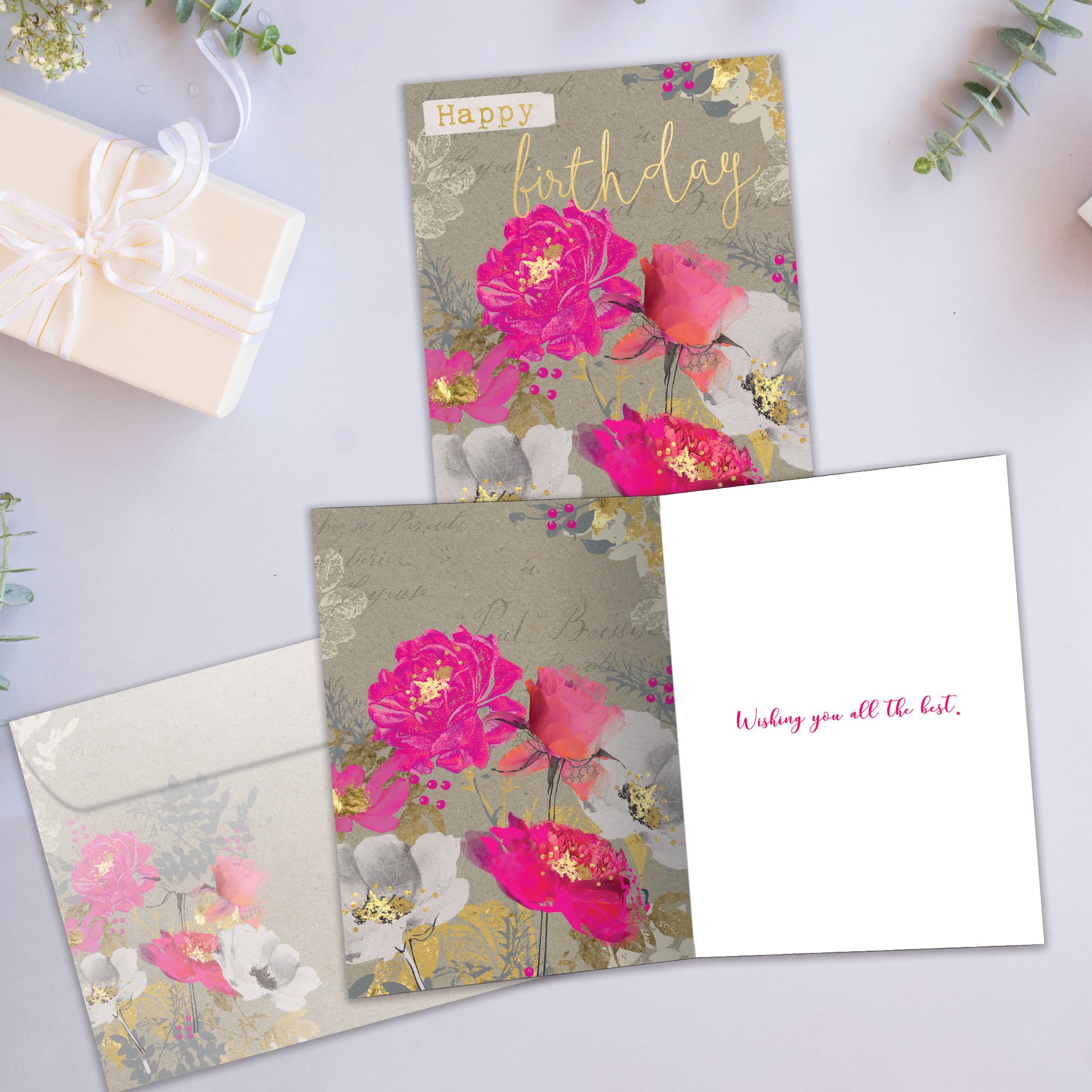 Front and inside view of a Birthday greeting card showcasing a floral design with the message "Happy Birthday," with a matching envelope.