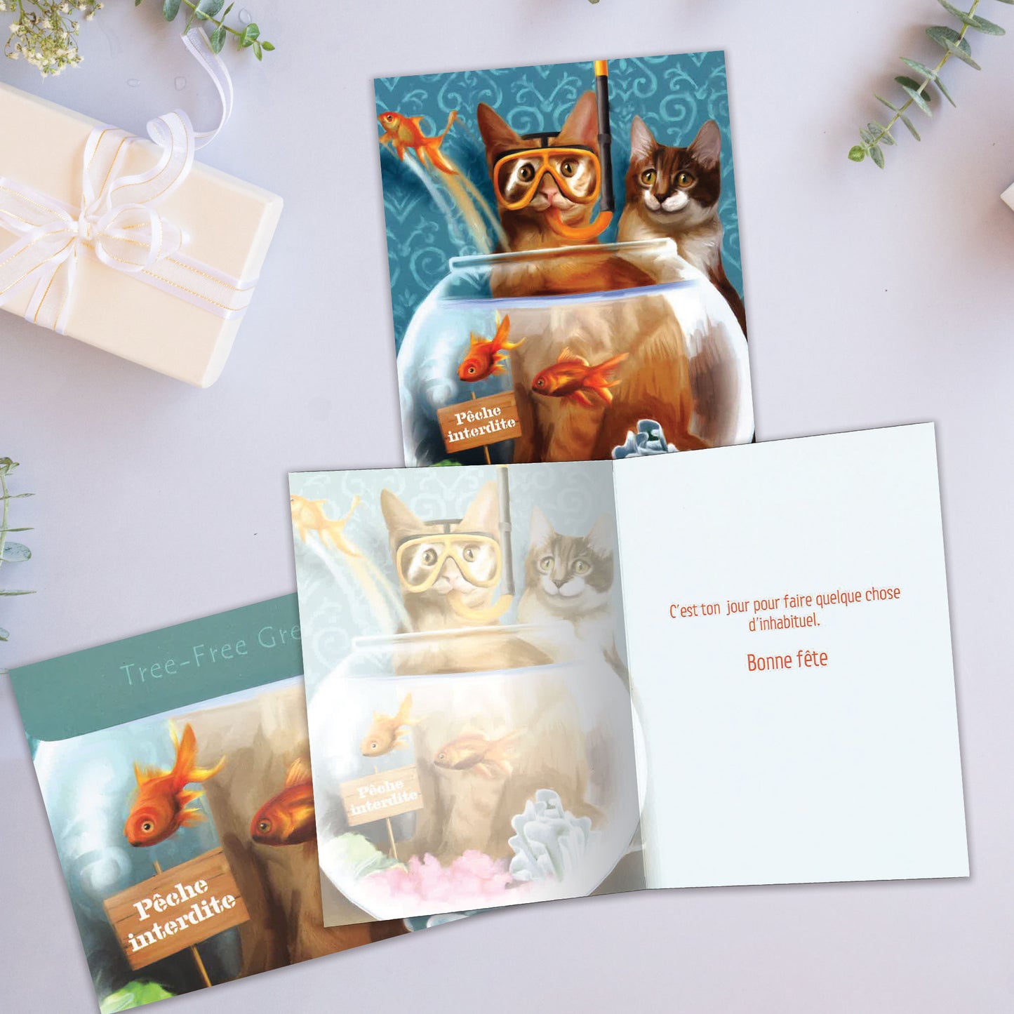 Carte bonne fête Chat a la Peche
