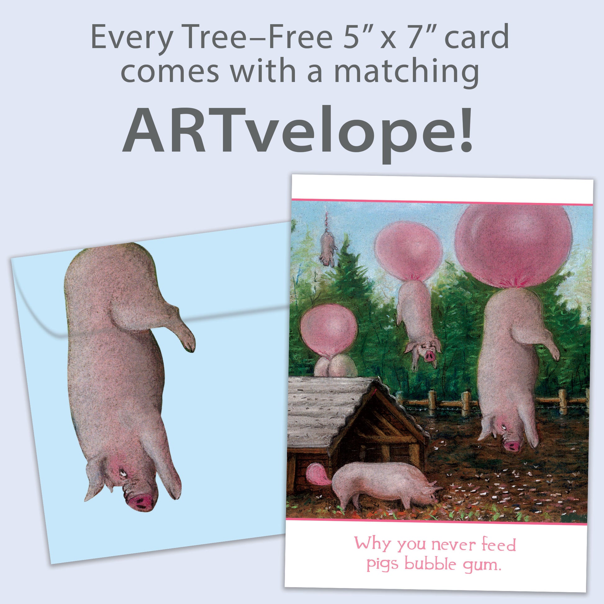 Front view of a Birthday greeting card featuring a humorous illustration of pigs floating with bubbles, complemented by matching envelope artwork.