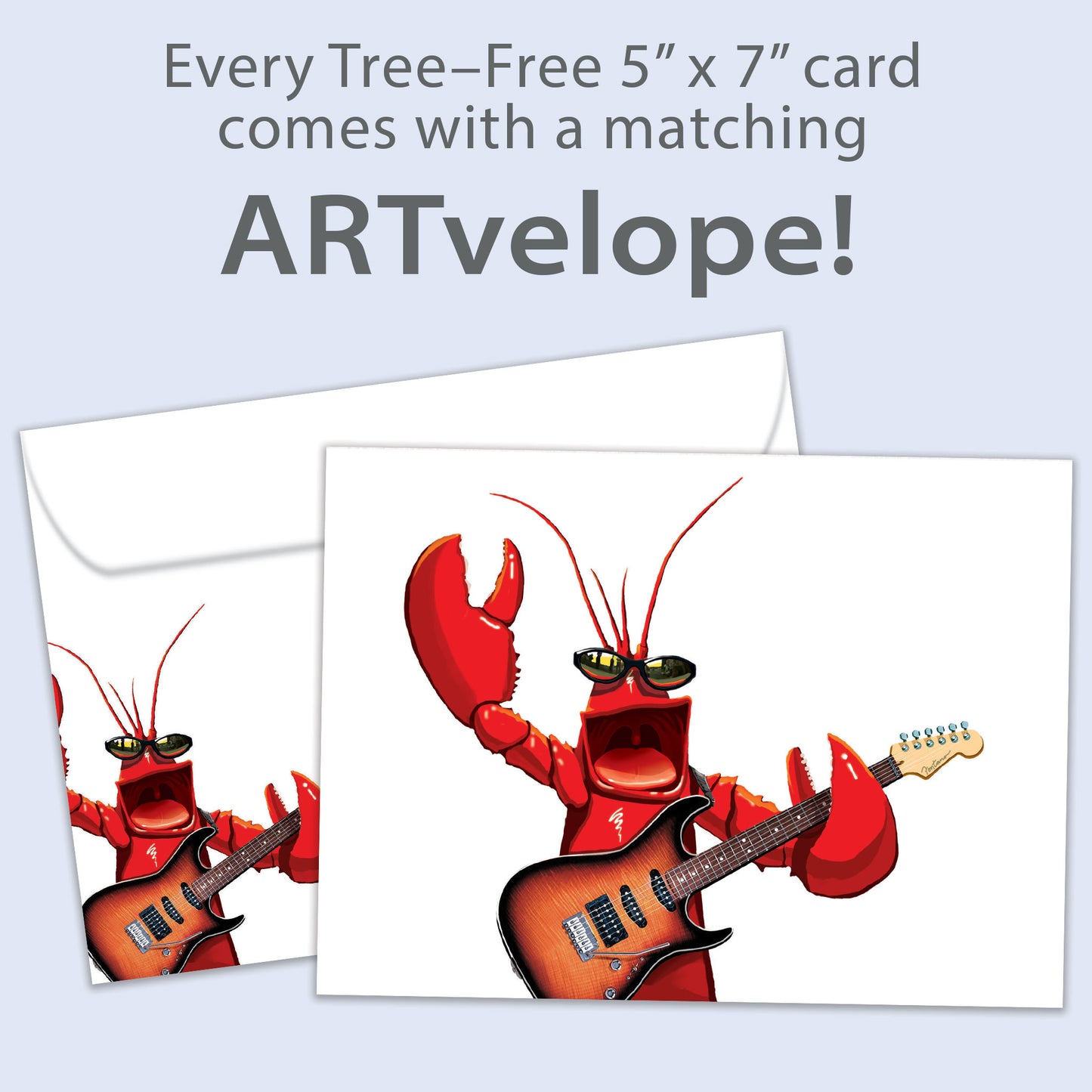 Front view of a Birthday greeting card featuring a lobster playing a guitar, complemented by matching envelope artwork.