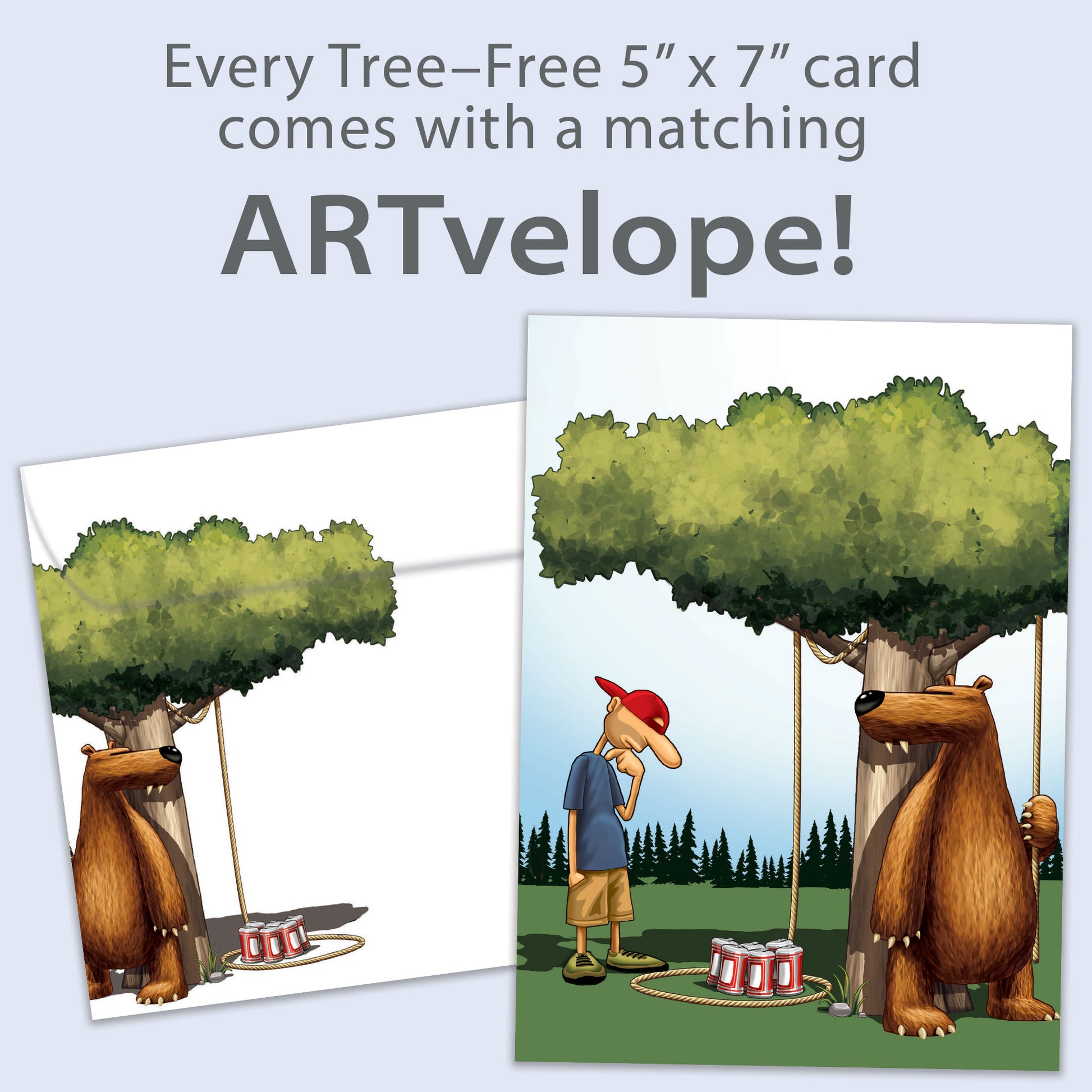 Front view of a Birthday greeting card featuring a bear setting a trap for a man, complemented by matching envelope artwork.