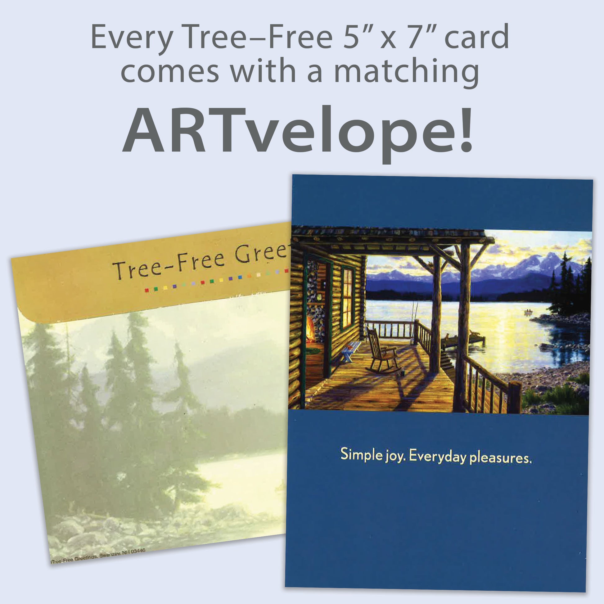 Front view of a Birthday greeting card featuring a porch with a peaceful lake and mountain scene, with matching envelope artwork.