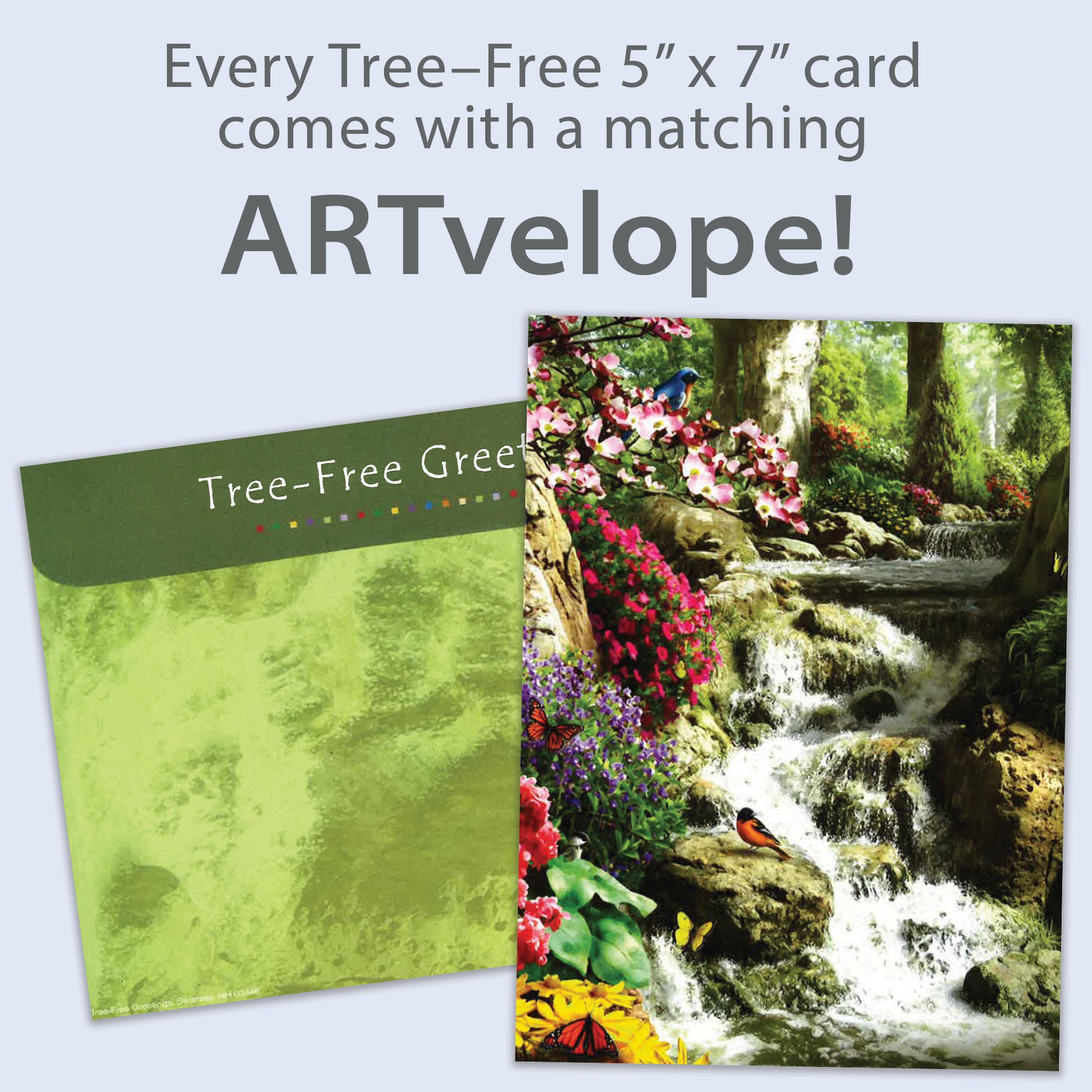 Front view of a Birthday greeting card featuring a serene forest and waterfall scene with flowers and birds, with matching envelope artwork.