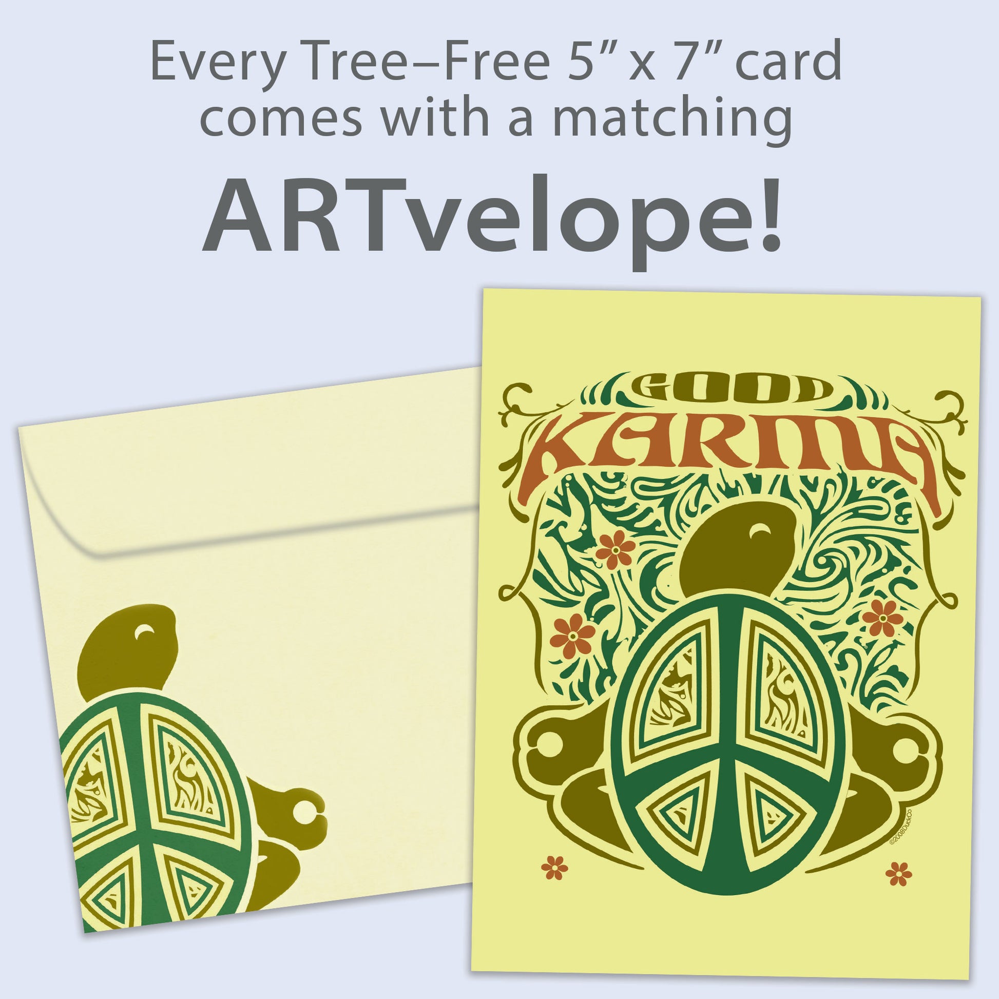 Front view of a Birthday greeting card featuring a turtle in a vibrant green illustration with the phrase "Good Karma," along with matching envelope artwork.