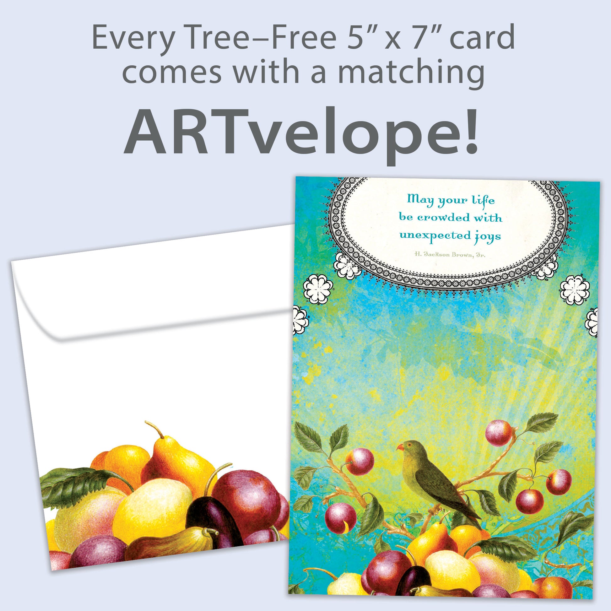 Front view of a Birthday greeting card featuring a joyful message and a colorful bird illustration amongst fruit, with matching envelope artwork.