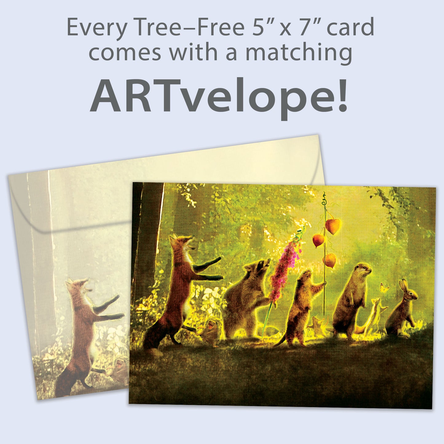 Front view of a Birthday greeting card featuring an illustration of forest animals parading, with matching envelope artwork.