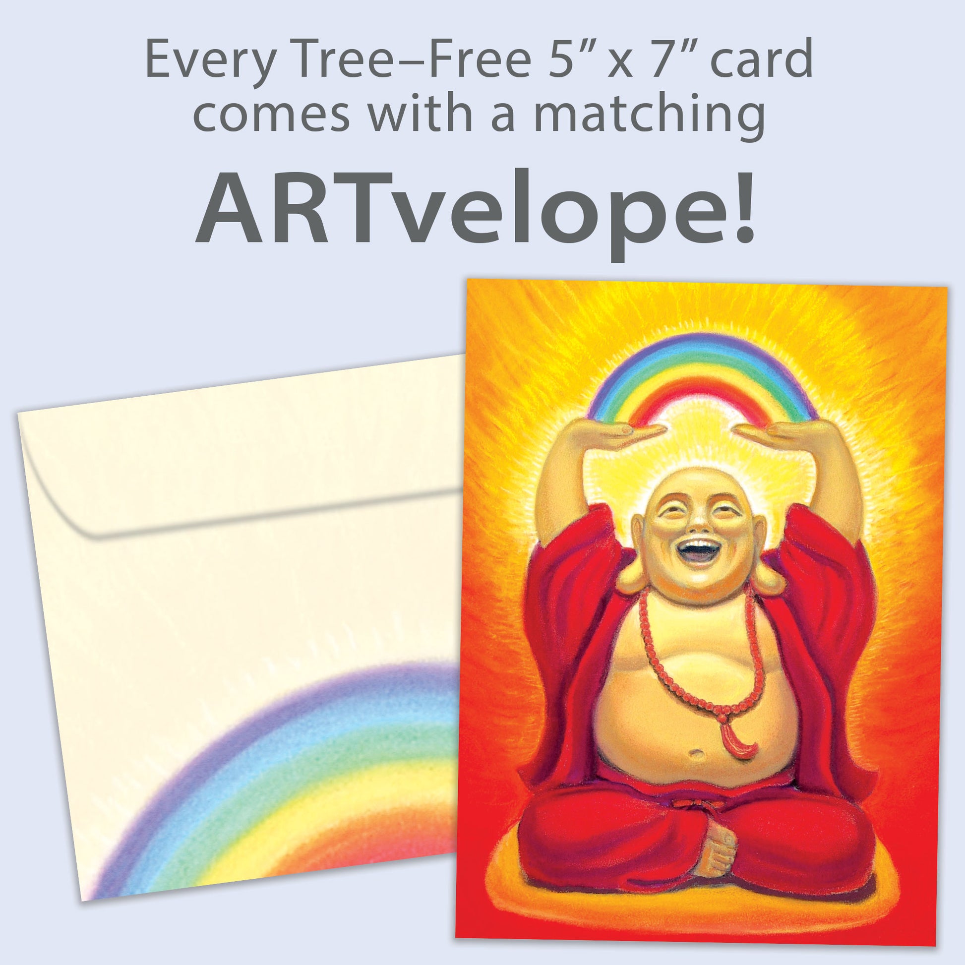 Front view of a Birthday greeting card featuring an illustration of a laughing Buddha holding a rainbow, with matching envelope artwork.