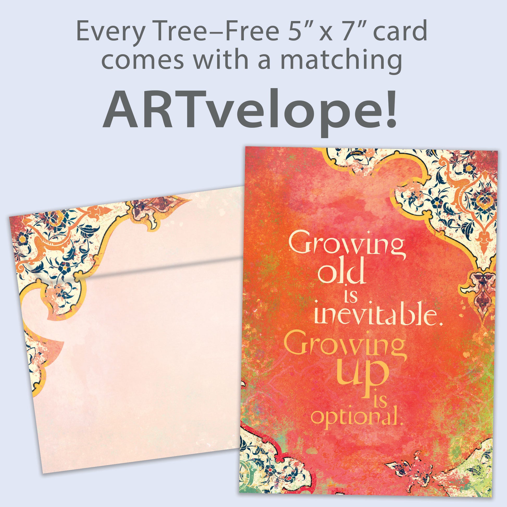 Front view of a Birthday greeting card featuring a message about growing older on an artistic background, with matching envelope artwork.