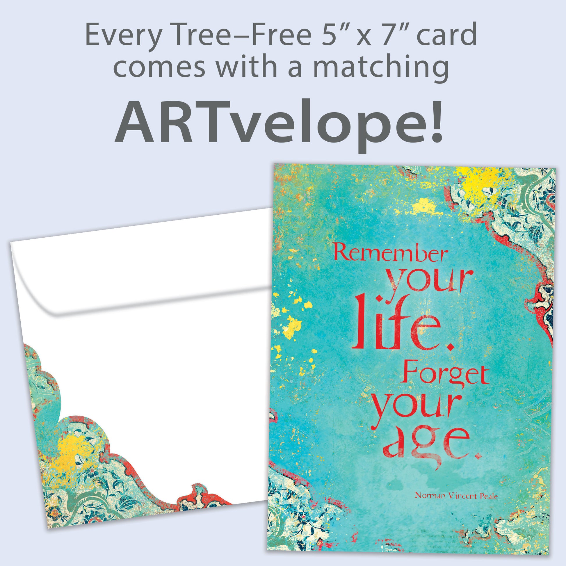 Front view of a Birthday greeting card featuring a message about life and aging on an artistic blue background, with matching envelope artwork.