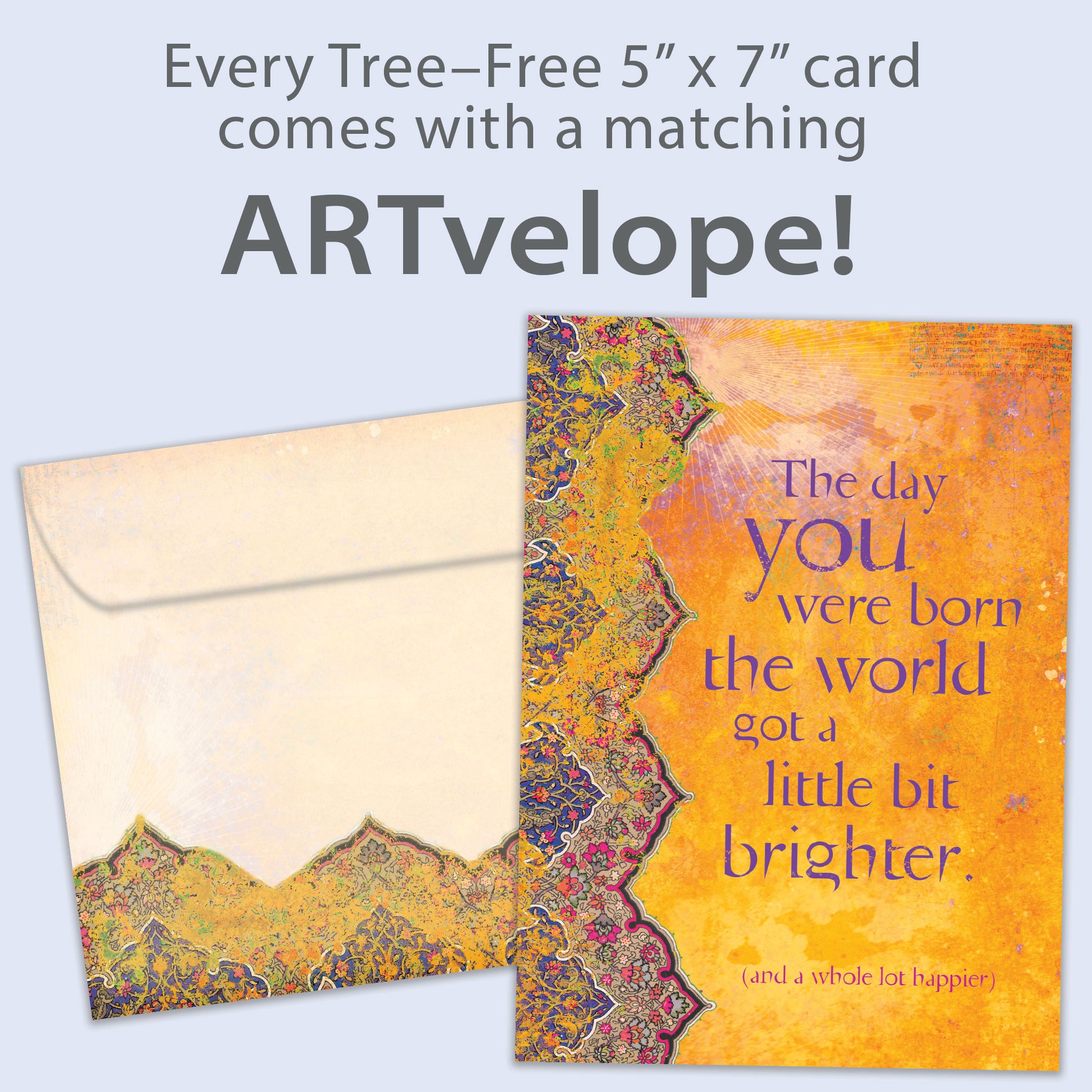 Front view of a Birthday greeting card featuring a thoughtful message on an artistic amber background, with matching envelope artwork.