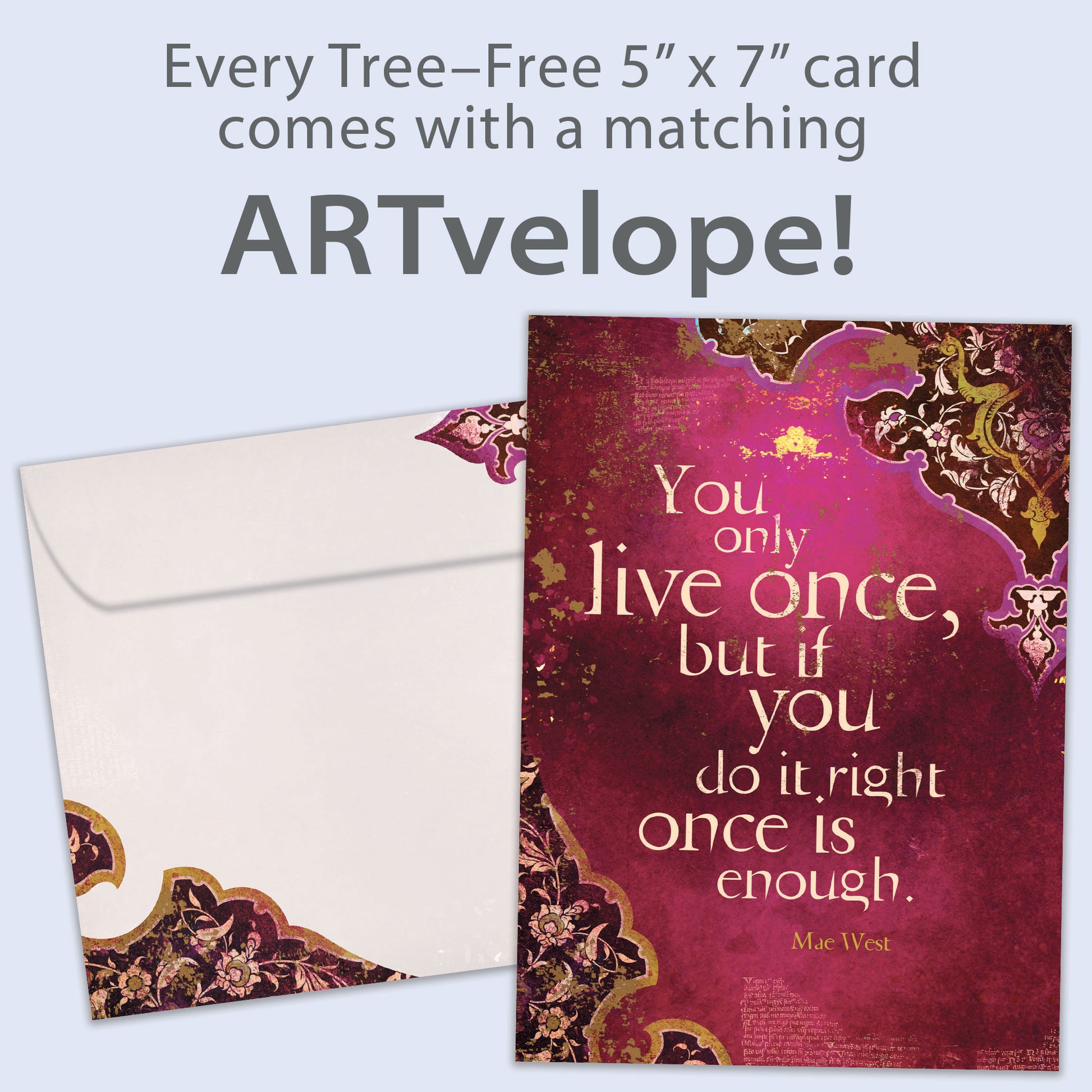 Front view of a Birthday greeting card featuring an inspiring message about living life on a wine coloured background, with matching envelope artwork.