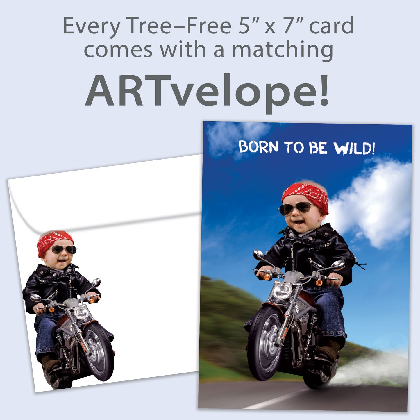 Front view of a Birthday greeting card featuring a baby riding a motorcycle with "Born to be wild!" and matching envelope artwork.