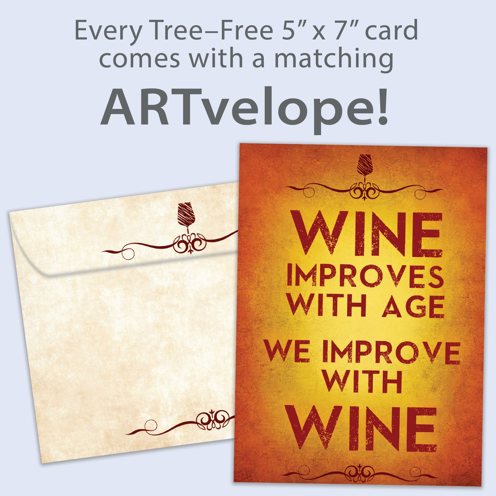 Front view of a Birthday greeting card featuring the message "Wine improves with age, we improve with wine," with matching envelope artwork.