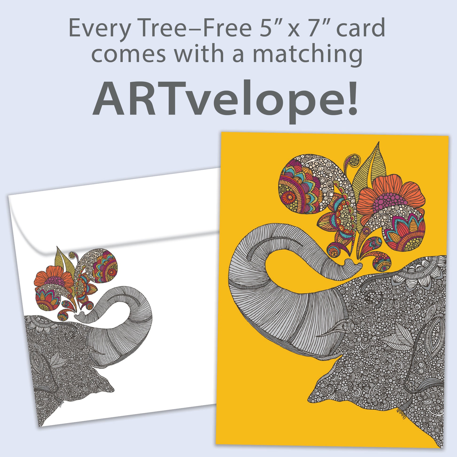 Front view of a Birthday greeting card featuring a happy elephant on an amber background, with matching envelope artwork.