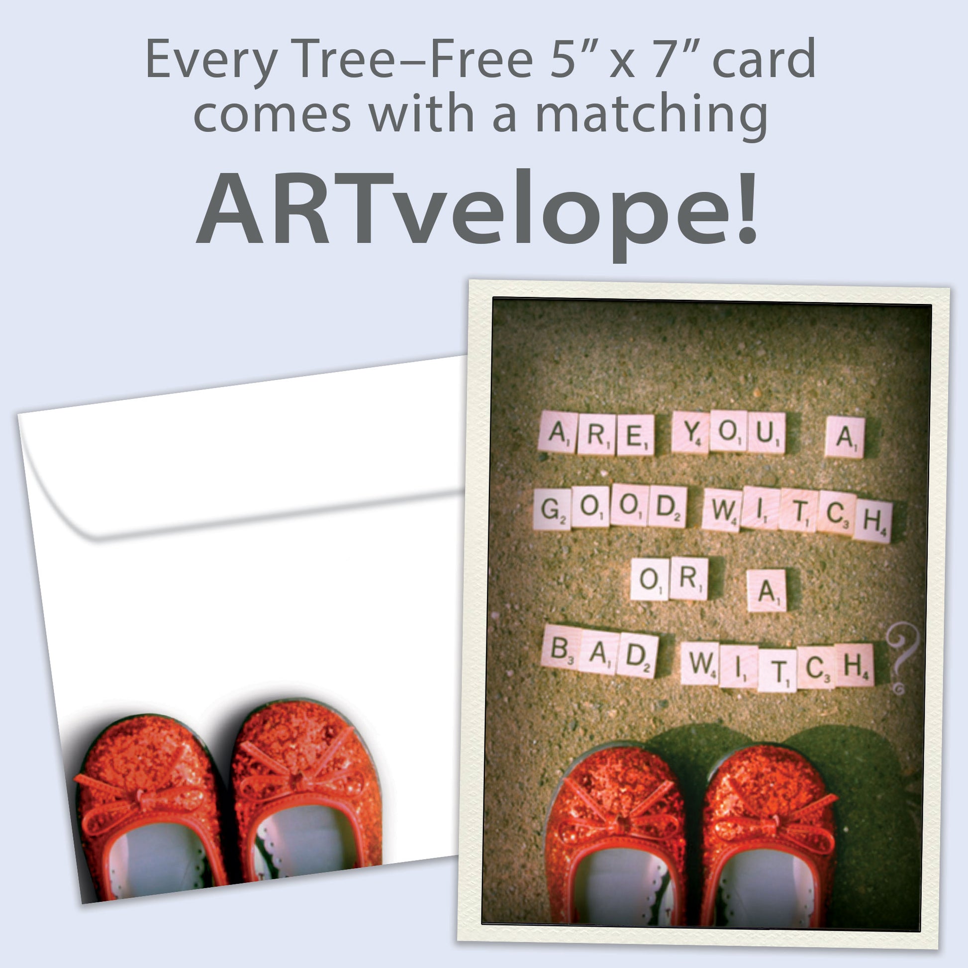 Front view of a Birthday greeting card featuring red ruby shoes and a witch-inspired message, with matching envelope artwork.