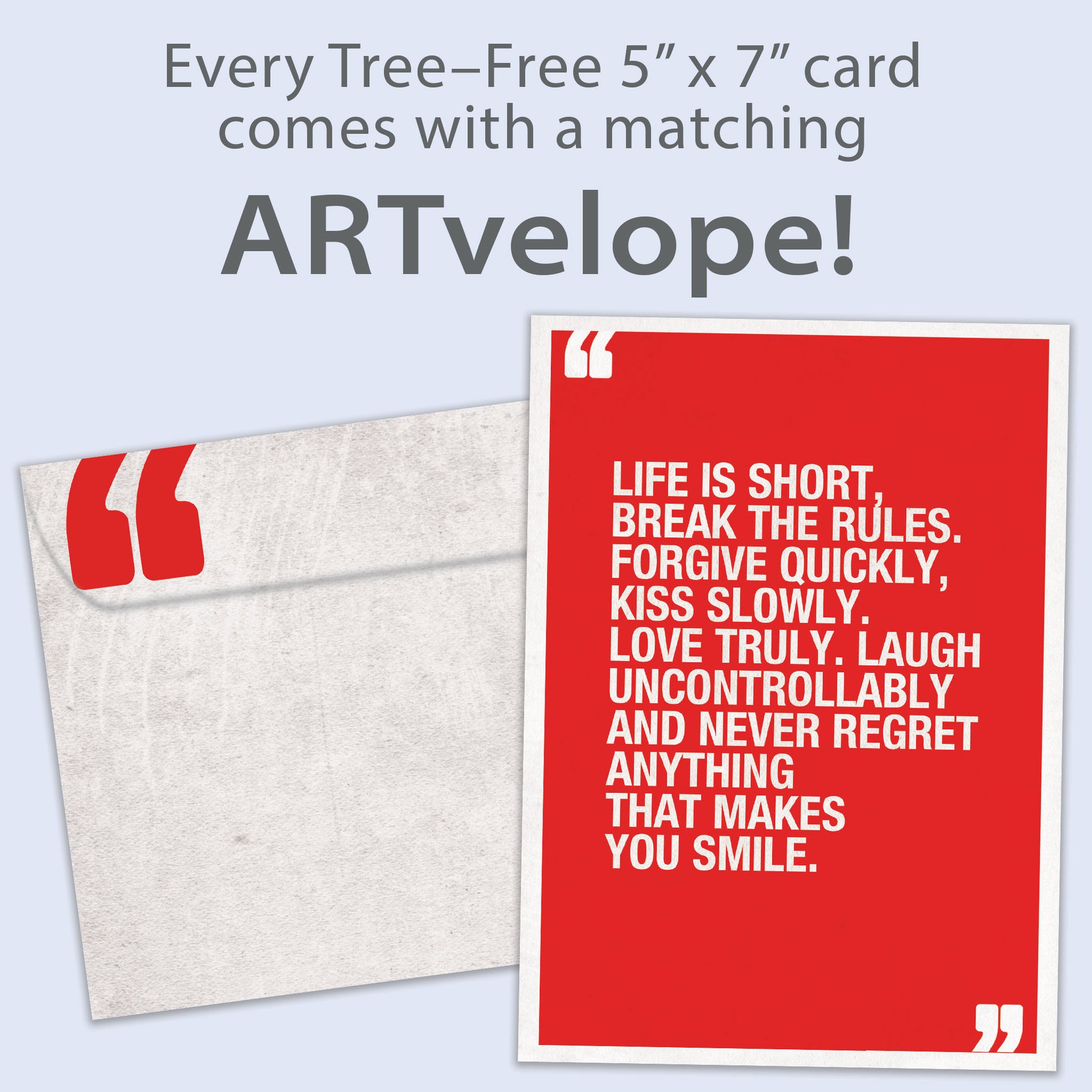 Front view of a Birthday greeting card featuring a red background with a quote from Mark Twain in white text, with matching envelope artwork.