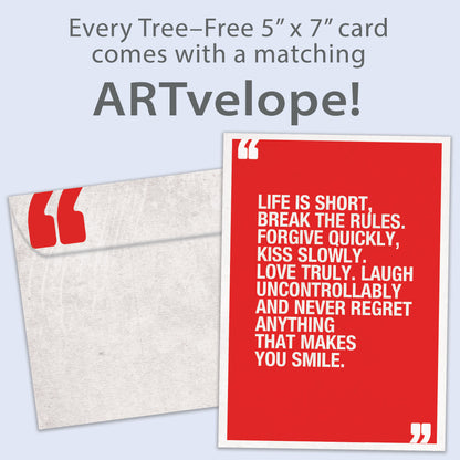 Front view of a Birthday greeting card featuring a red background with a quote from Mark Twain in white text, with matching envelope artwork.