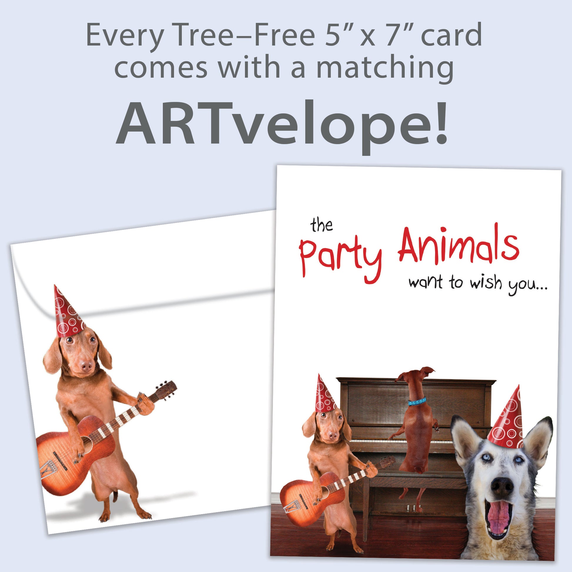 Front view of a Birthday greeting card featuring a playful illustration of dogs enjoying a party and playing music, with matching envelope artwork.