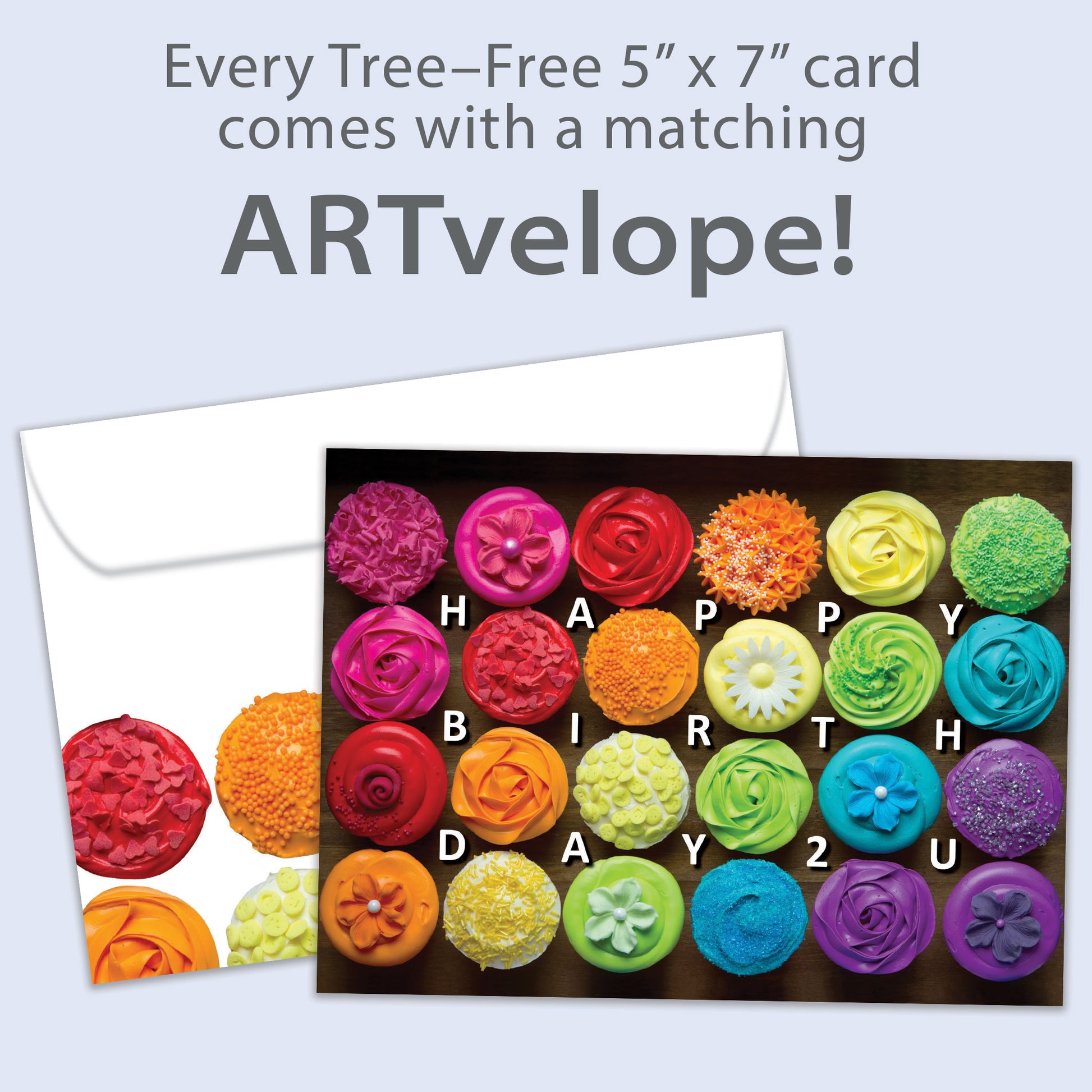 Front view of a Birthday greeting card featuring the message "Happy Birthday 2 U" with colourful cupcakes against a black background, with matching envelope artwork.