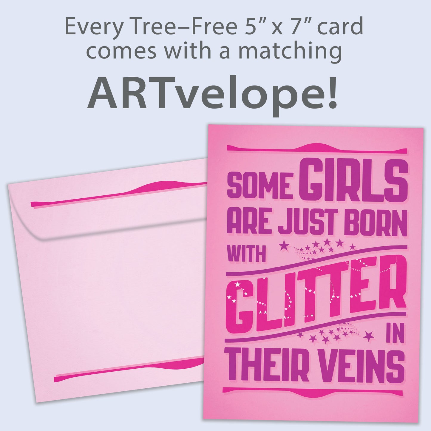 Front view of a Birthday greeting card featuring a cheerful message about girls born with glitter on a pink background, with matching envelope artwork.